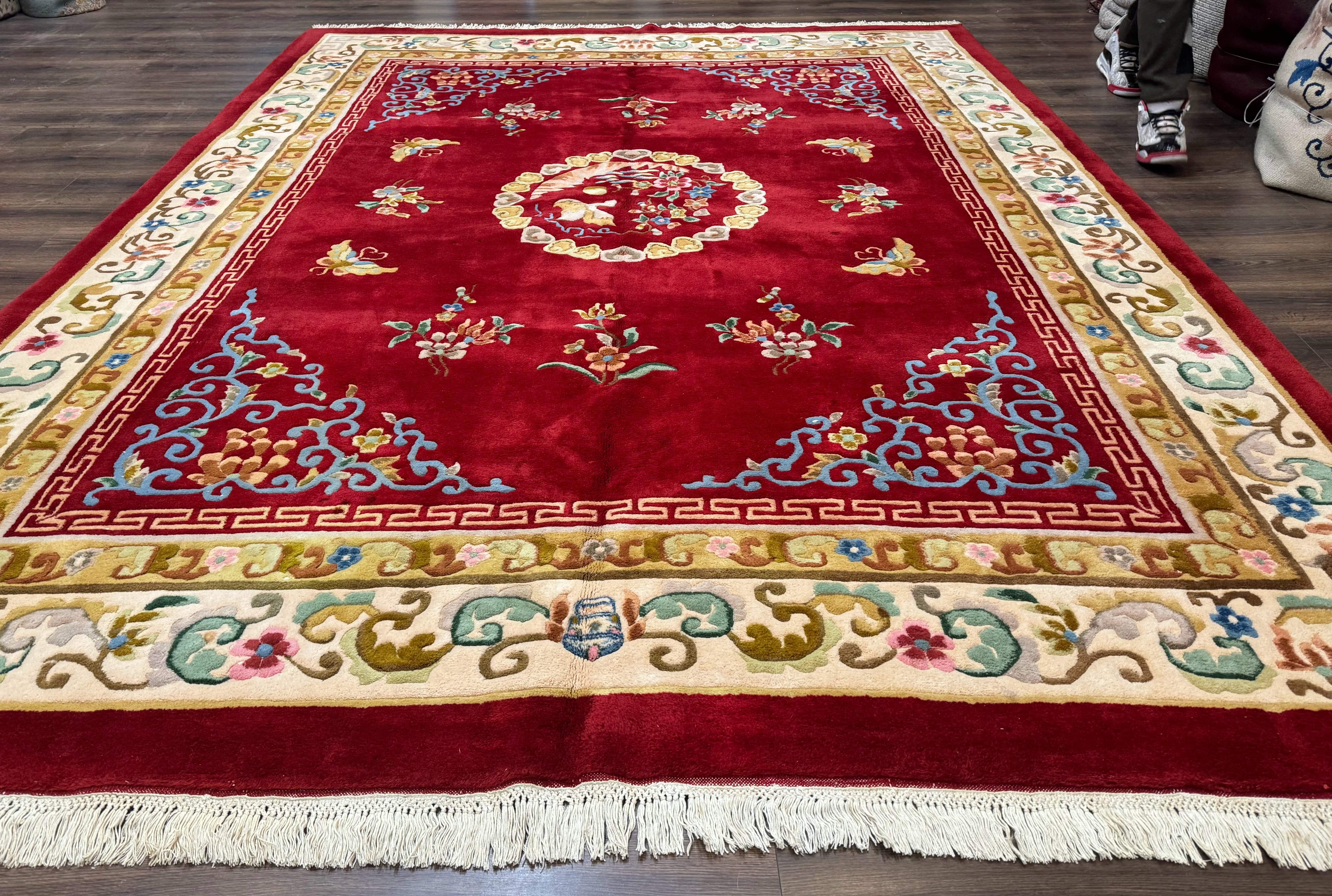 Indo Chinese Wool Rug 9x12, Red Art Deco Carpet, Vintage - Jewel Rugs