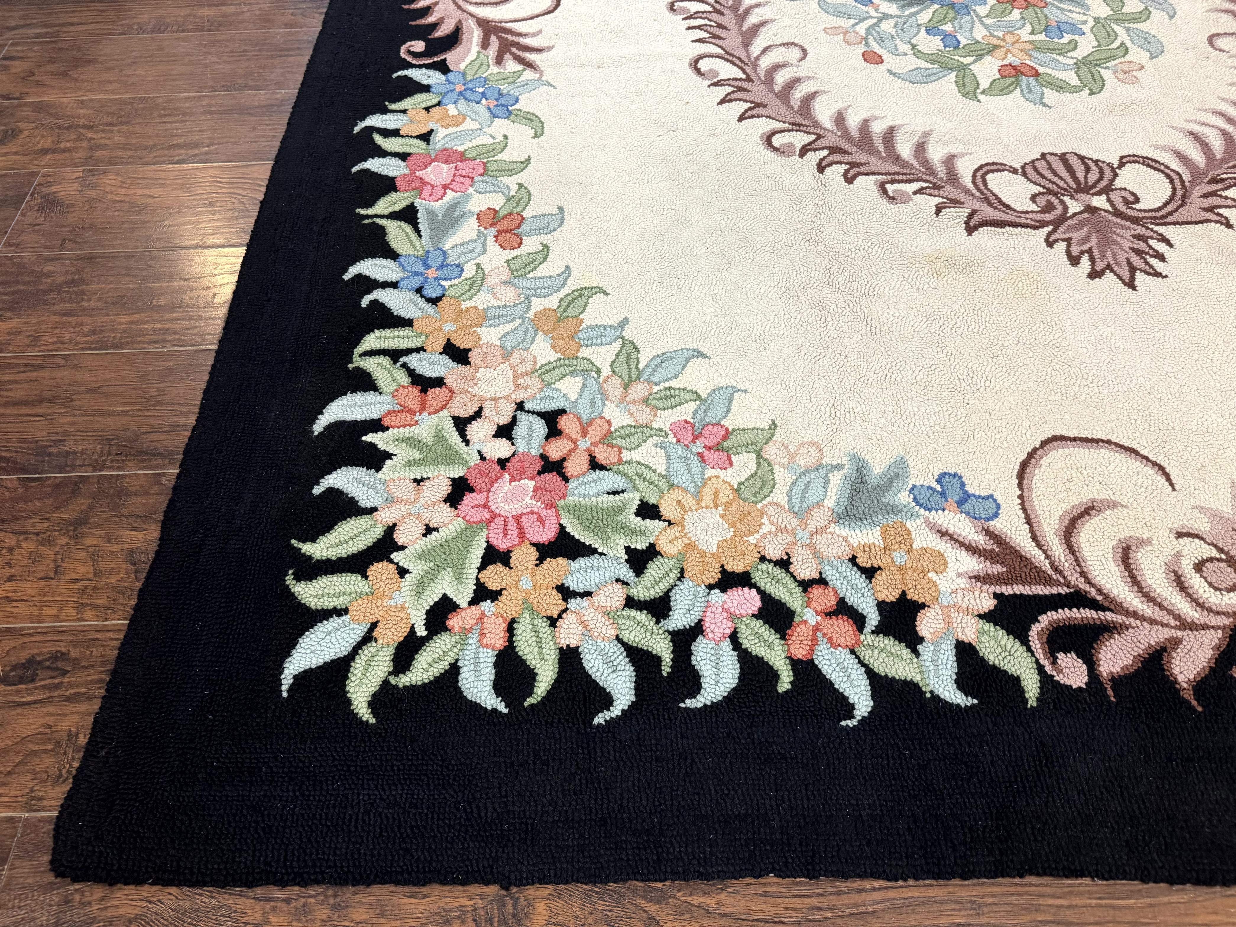 Large American Hooked Rug 8x11, Vintage Ivory Black Floral Carpet - Jewel Rugs