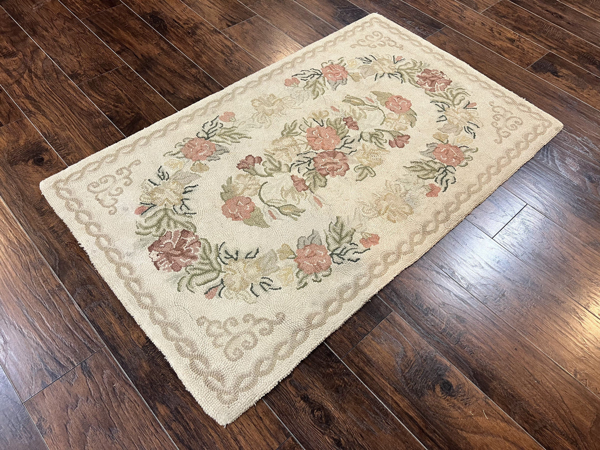 Small Aubusson Design Rug 3x5, Hooked Rug, Needlepoint Pattern, Ivory