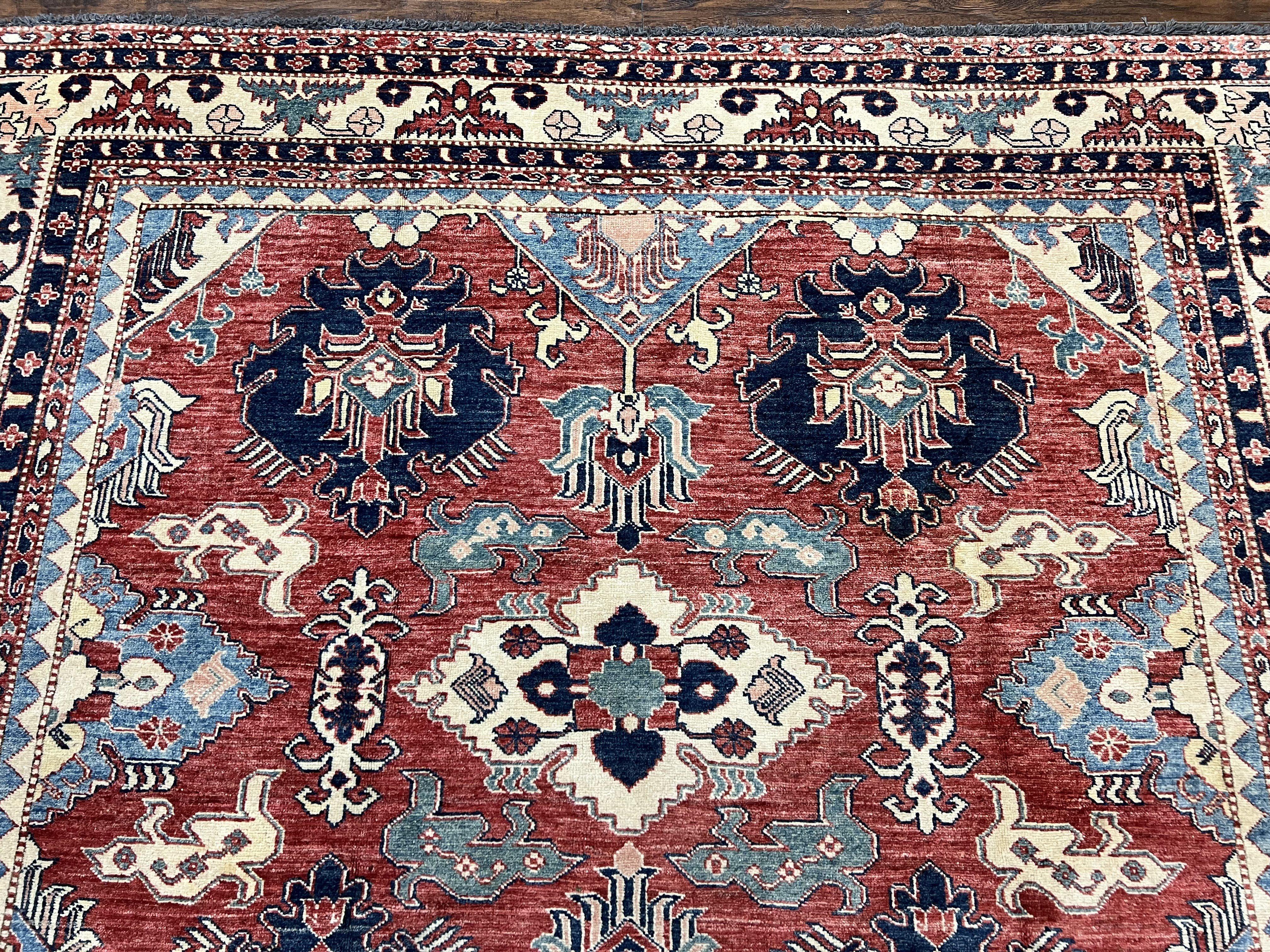 Turkish Heriz Rug 7x10, Wool Hand Knotted Handmade Room Sized Oriental Carpet, Red & Ivory, Vintage Geometric Oriental Rug 7 x 10 ft - Jewel Rugs