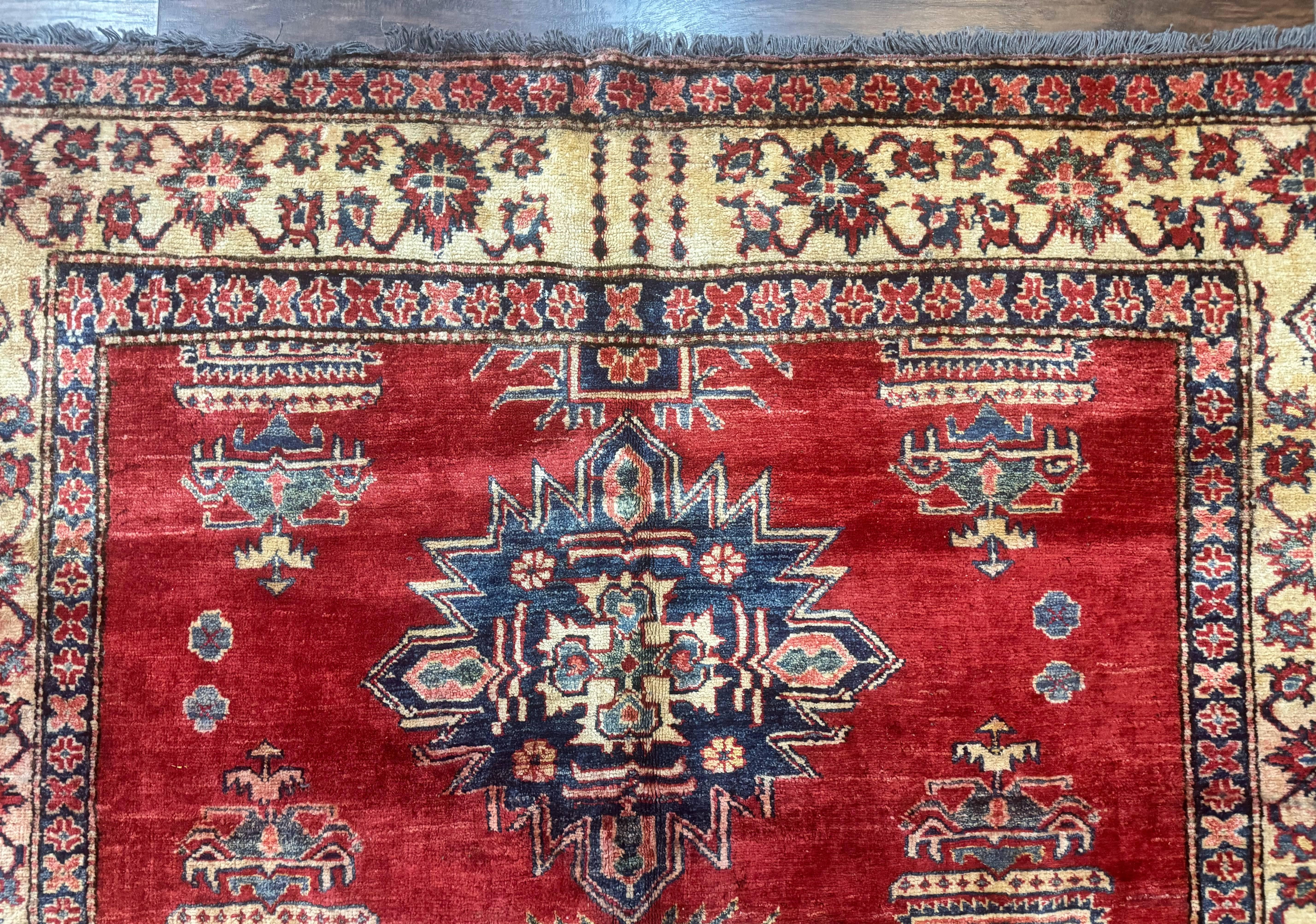 Square Turkish Rug 6x6, Azerbaijani Azeri Turkish Armenian Rug, Red Tan Blue, Geometric, Wool Carpet - Jewel Rugs