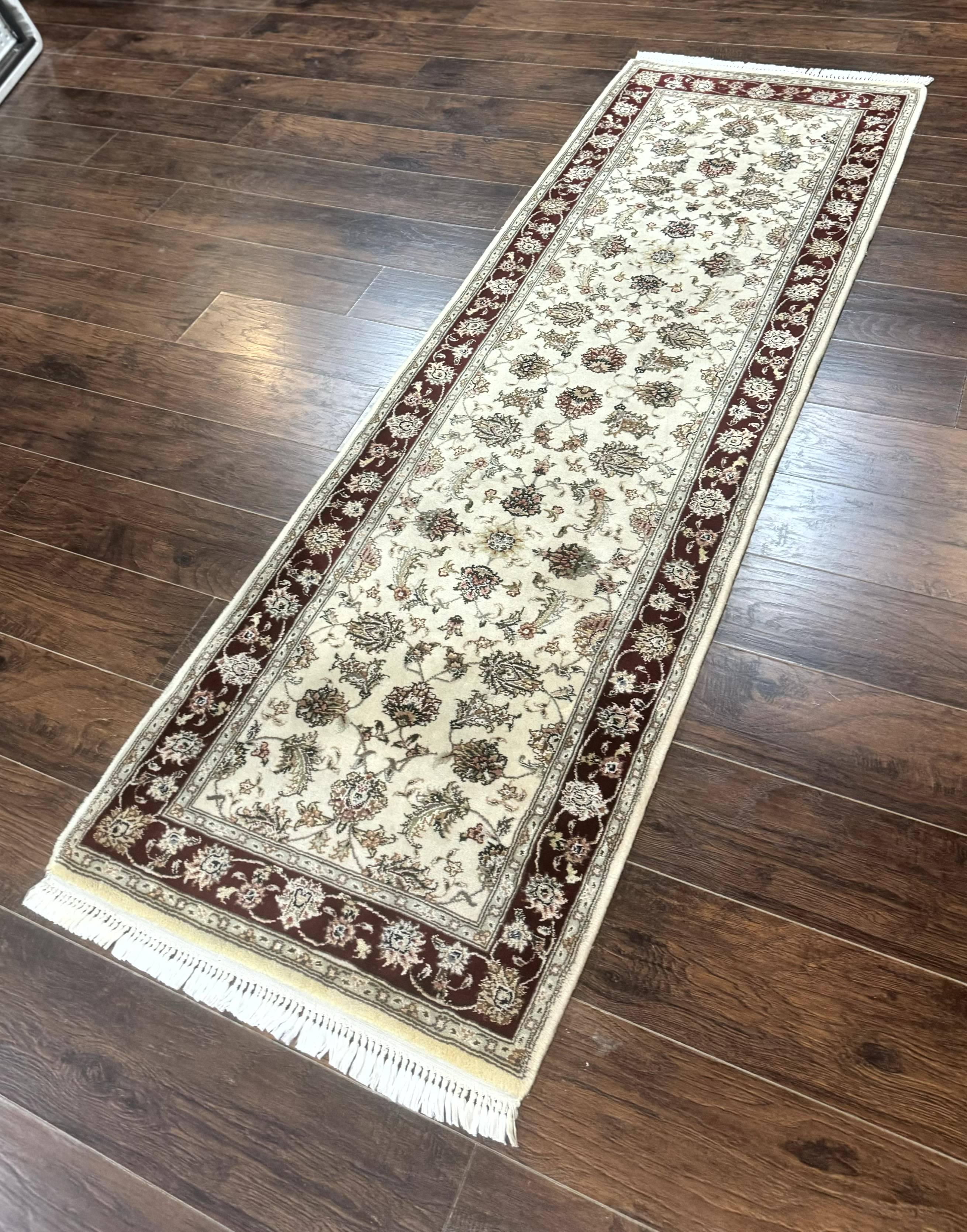 Pak Persian Runner Rug 2.8 x 8, Handmade Vintage Carpet, Beige and Maroon, Wool and Silk Highlights - Jewel Rugs