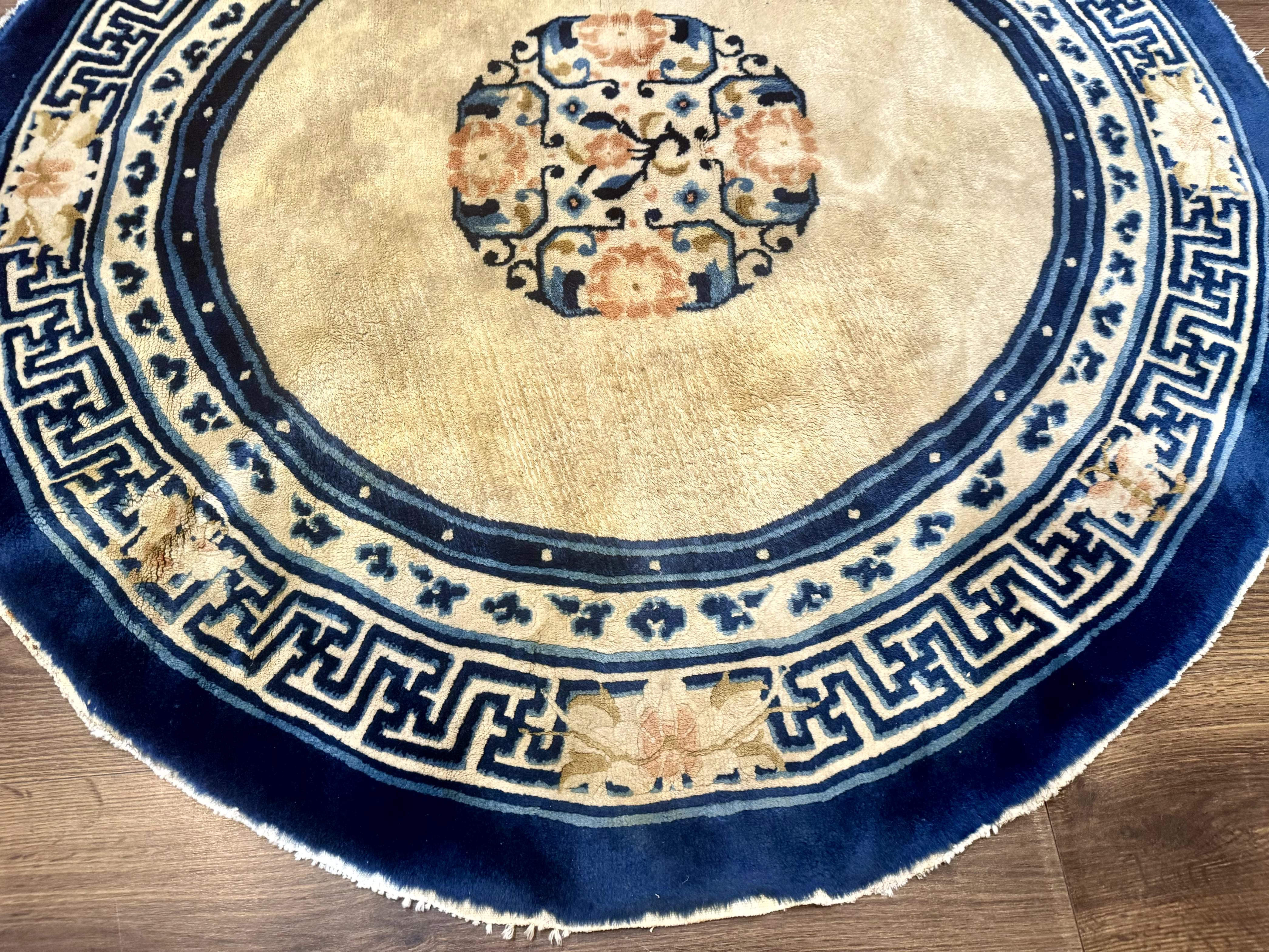 Round Antique Chinese Peking Rug 4x4, Cream and Blue, Wool - Jewel Rugs