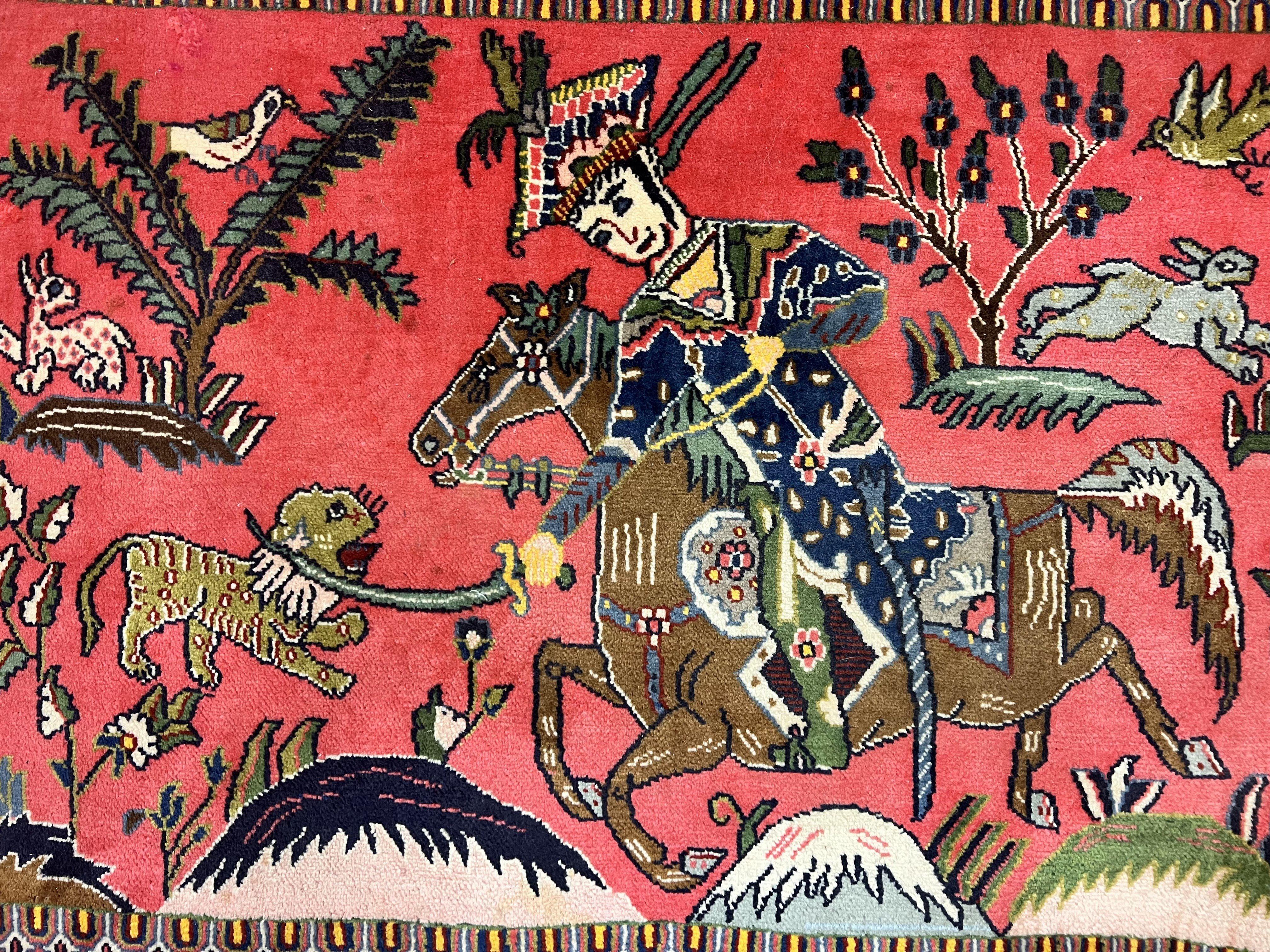 Persian Kashan Hunting Rug 4x3, Wool Hand-Knotted Vintage Carpet, Semi Antique Pictoral Rug, Red, Horsemen Lion Animal Pictorials - Jewel Rugs