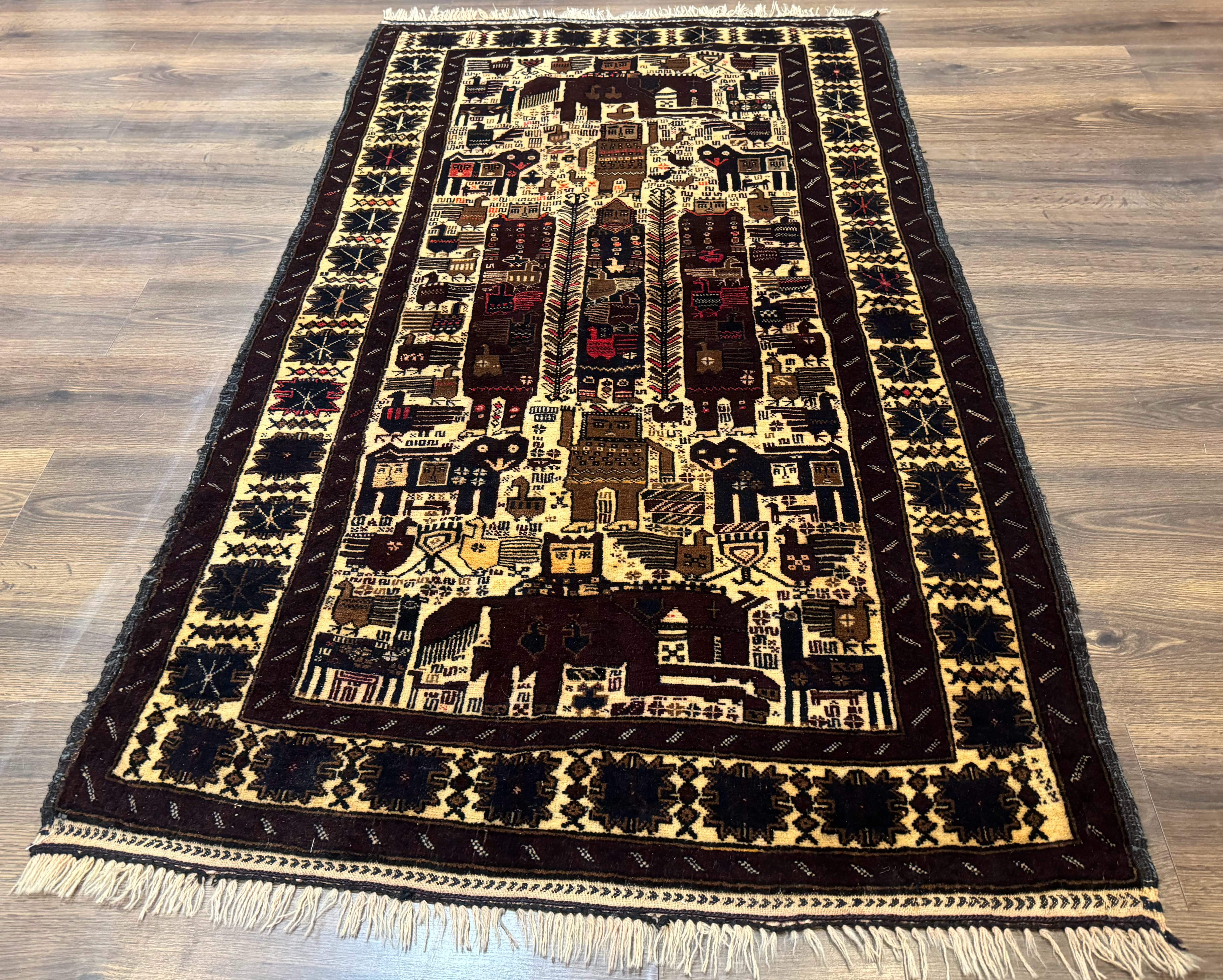 Persian Baluch Tribal Rug 4x6, Human and Bird Pictorials, Vintage, Wool, Collectible - Jewel Rugs