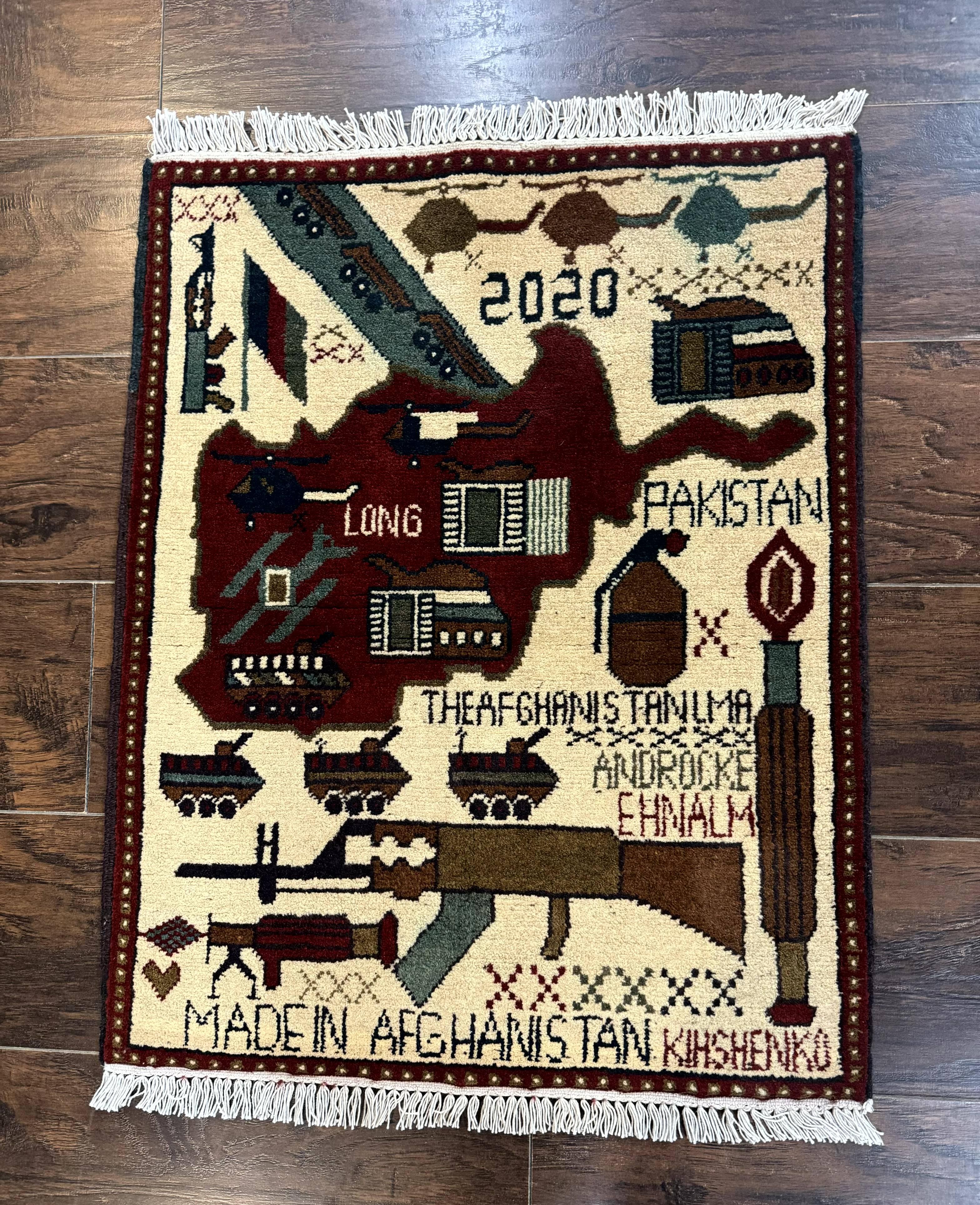 Afghan War Rug 2 x 2.6, Guns Tanks Helicopters - Jewel Rugs