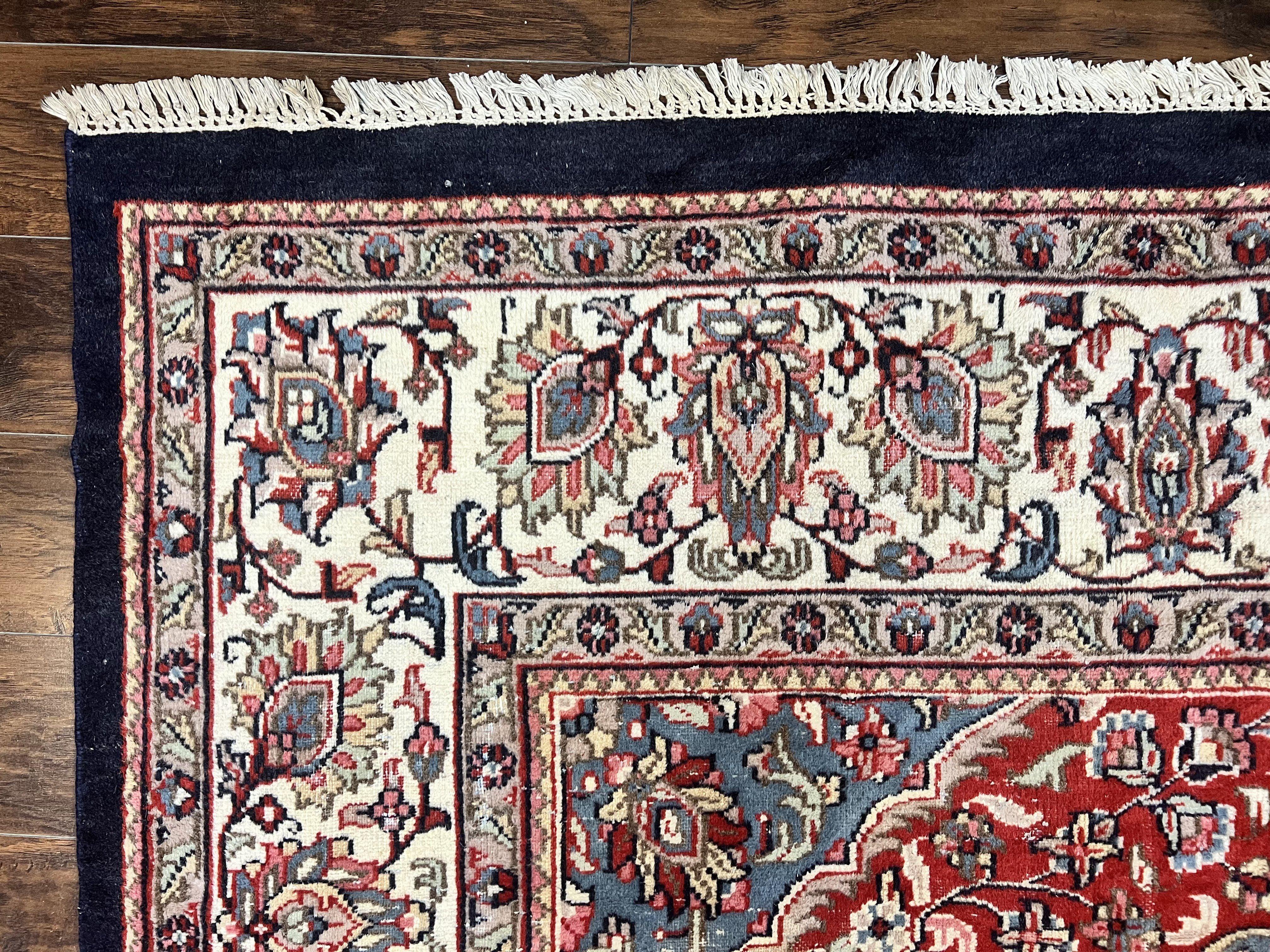 Indo Persian Rug 10x15, Floral Allover, Handmade Vintage Wool Carpet, Dark Blue Ivory Red, Palace Size Traditional Rug - Jewel Rugs