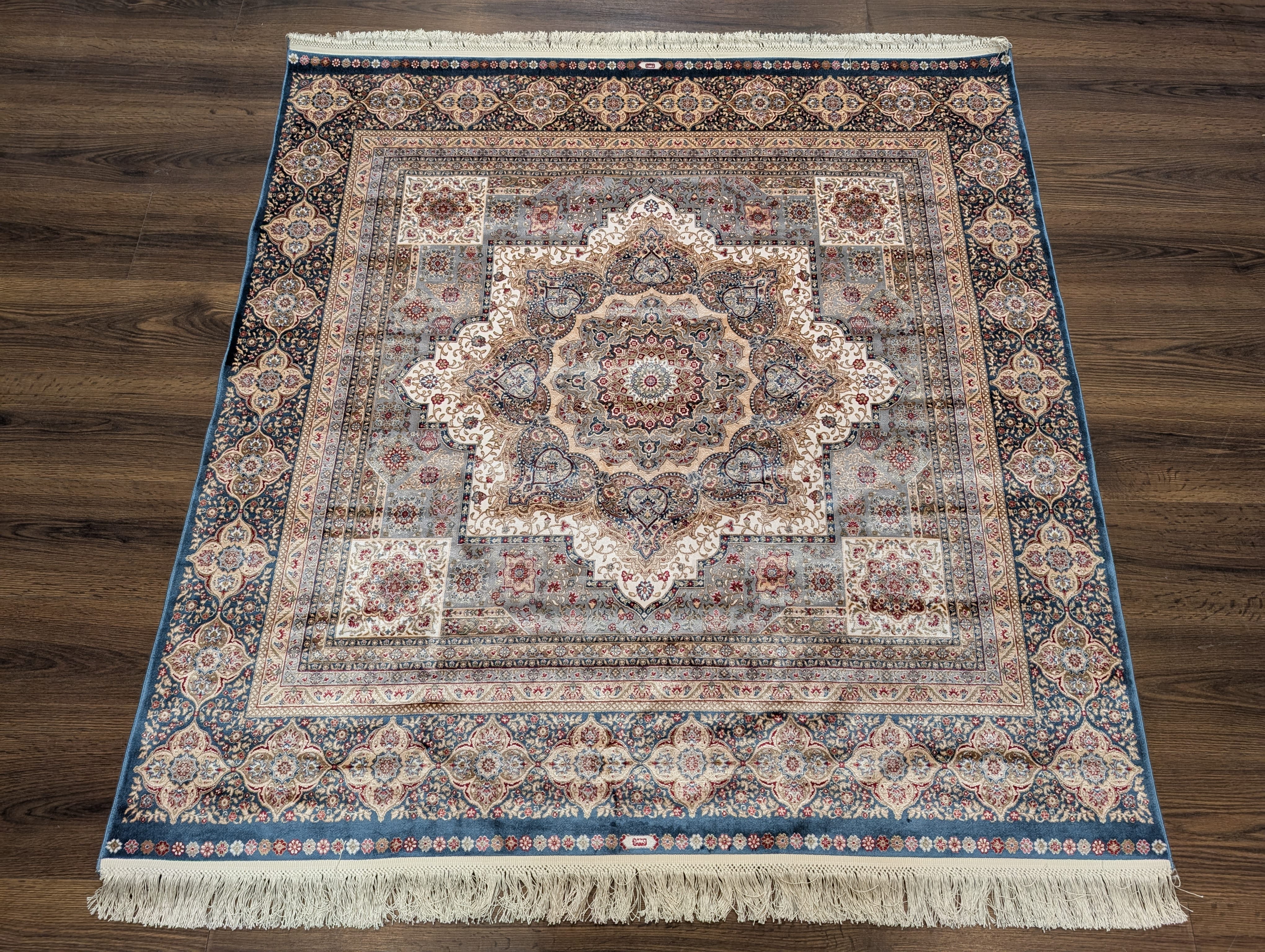 Square Turkish Silk Rug 5x5, Mamluk Design, Detailed, New, Bamboo Silk - Jewel Rugs