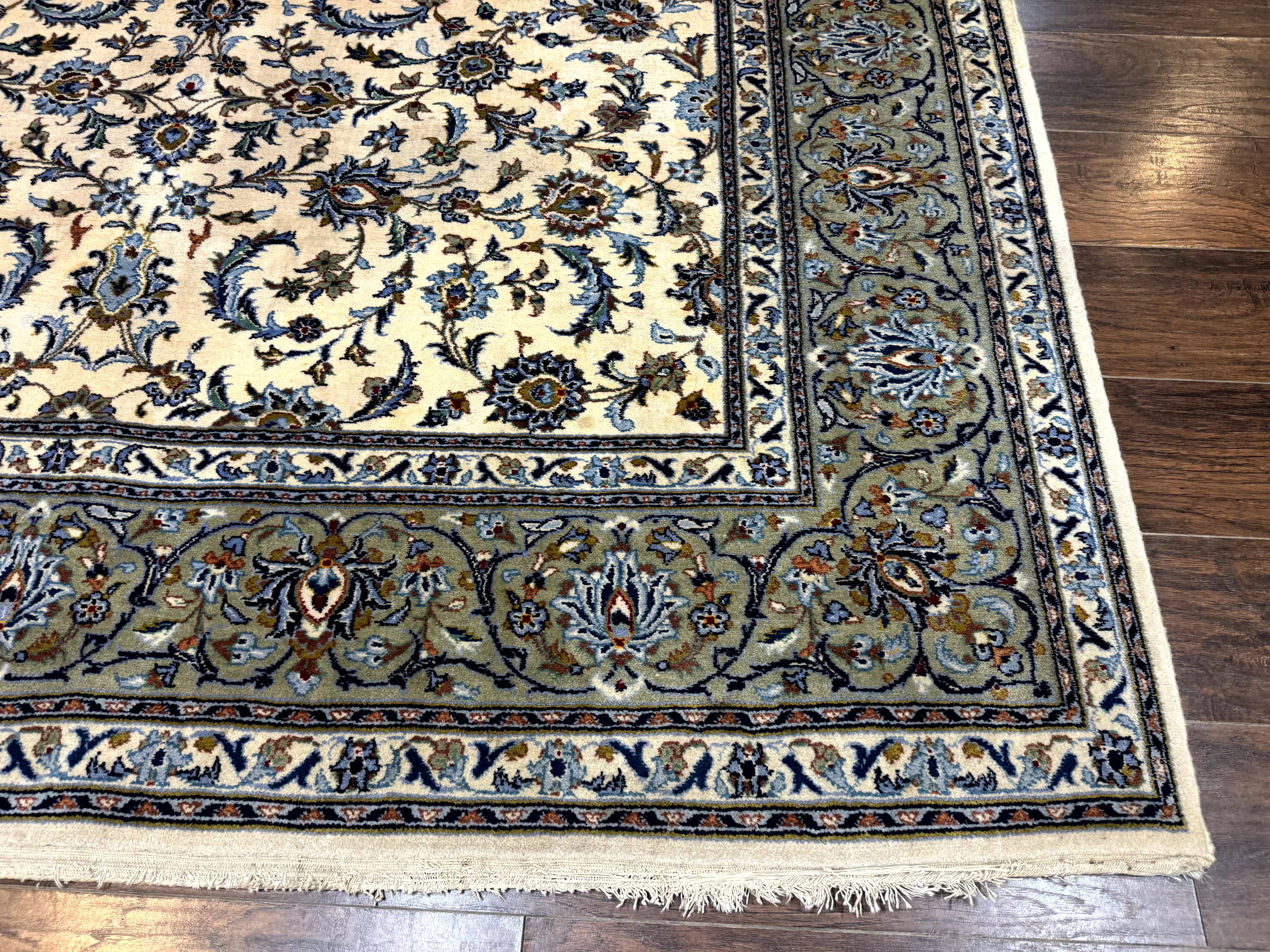 Persian Kashan Rug 8x11, Ivory Blue Green, Floral Allover, Signed By Masterweaver - Jewel Rugs