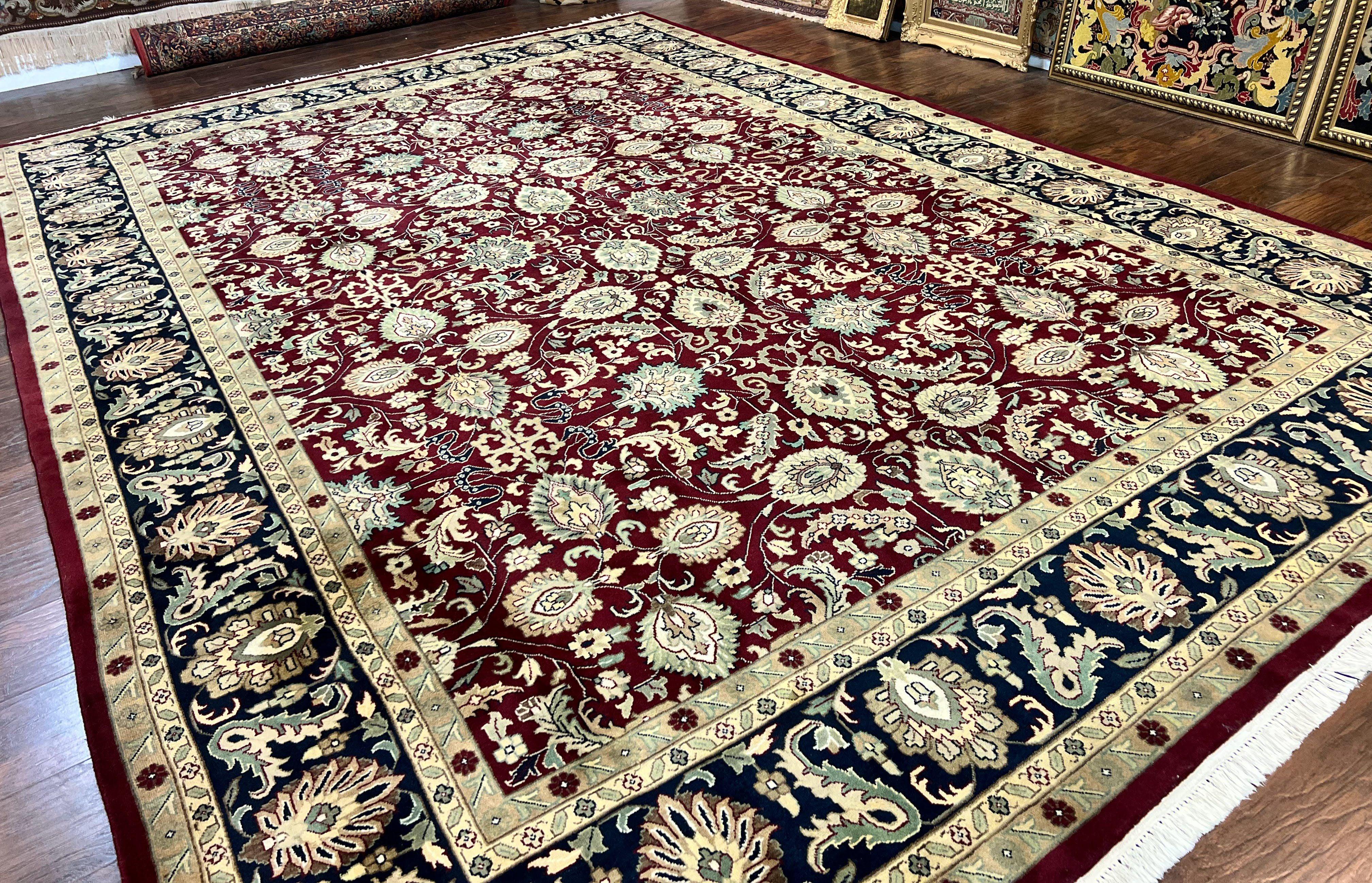 Indo Persian Rug 10x14, Floral Allover, Maroon, Handmade Hand Knotted VIntage Wool Rug, Large Oriental Carpet - Jewel Rugs