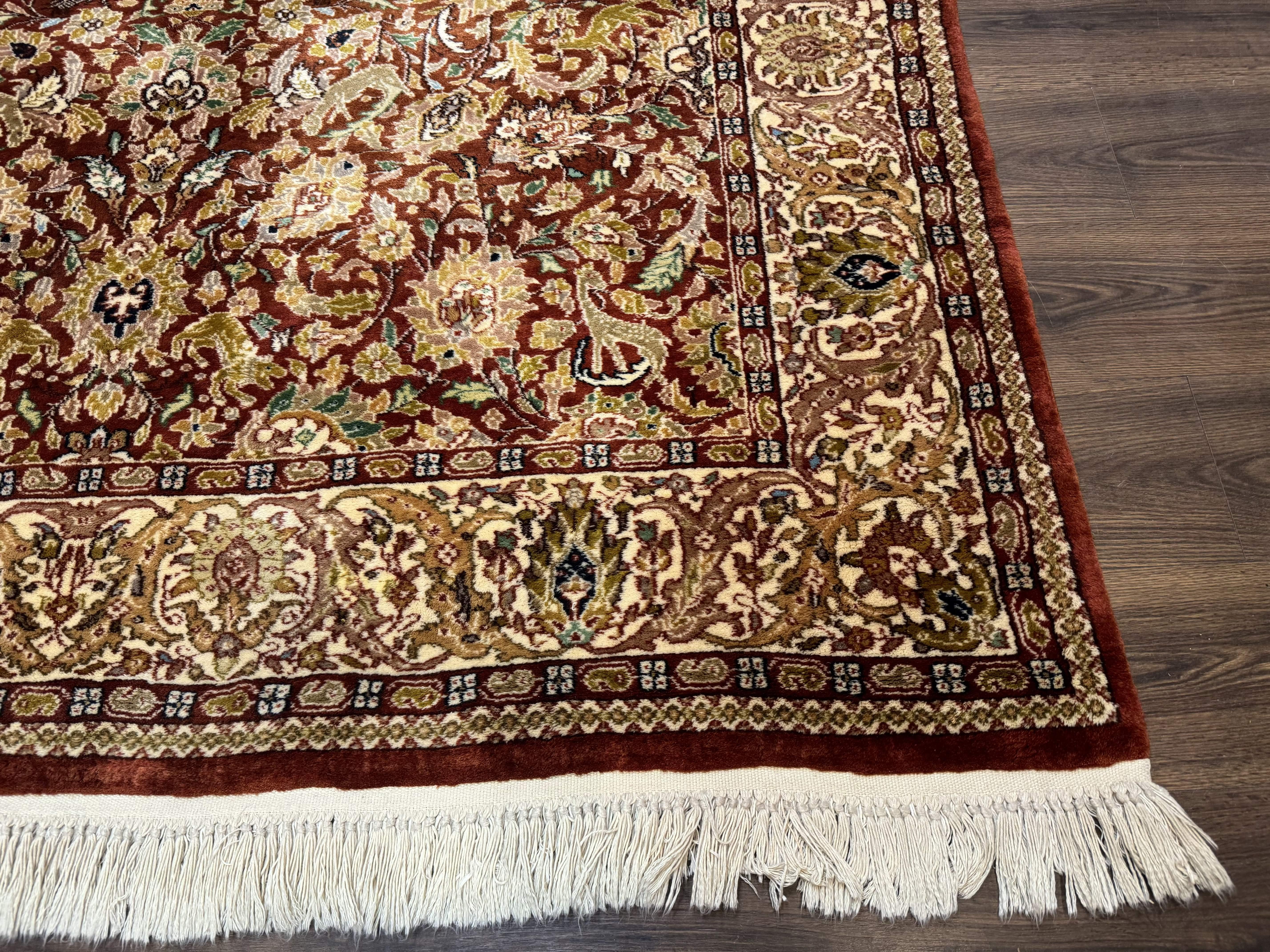 Tree of Life Indian Kashmiri Rug 6x9, Rust Red and Cream, Animal Pictorials, Fine 290 KPSI - Jewel Rugs