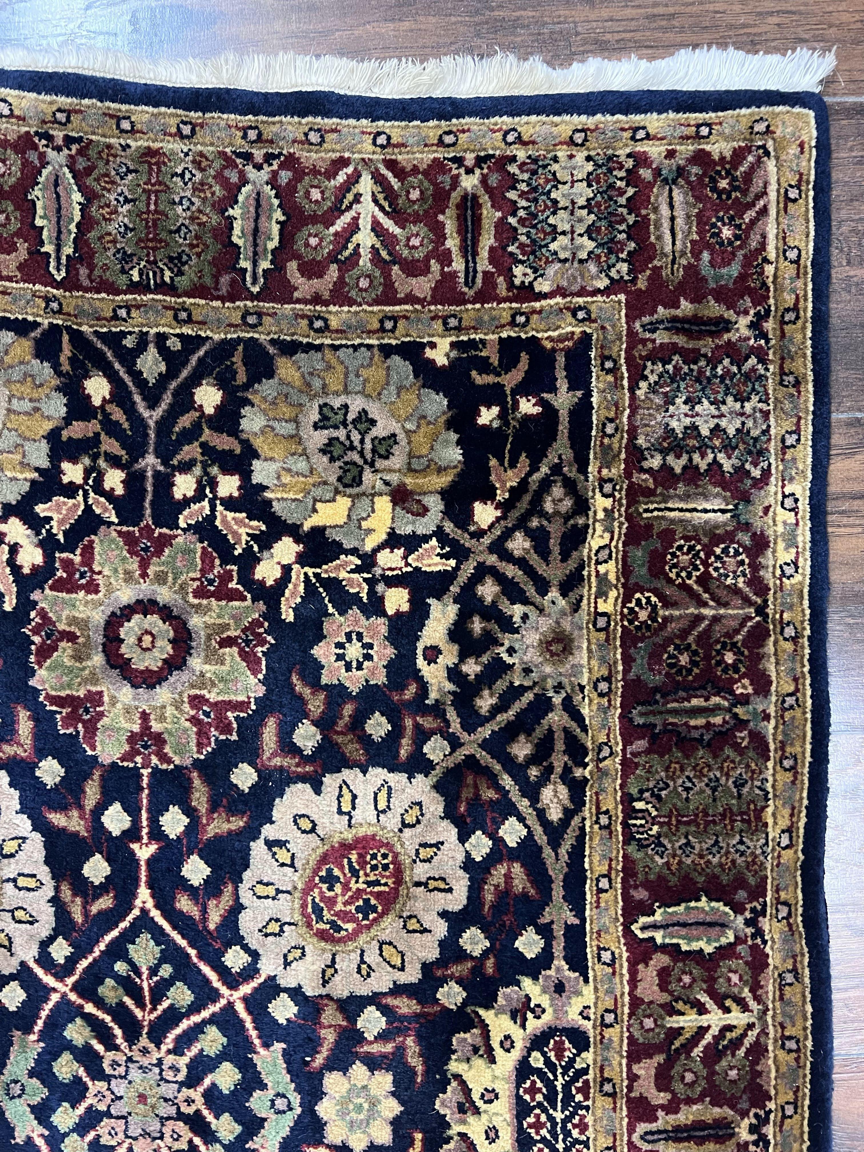 Indo Persian Runner 2.8 x 18, Long Skinny Hallway Wool Runner Rug, Hand Knotted Vintage Floral Allover Traditional Runner Dark Blue Burgundy - Jewel Rugs