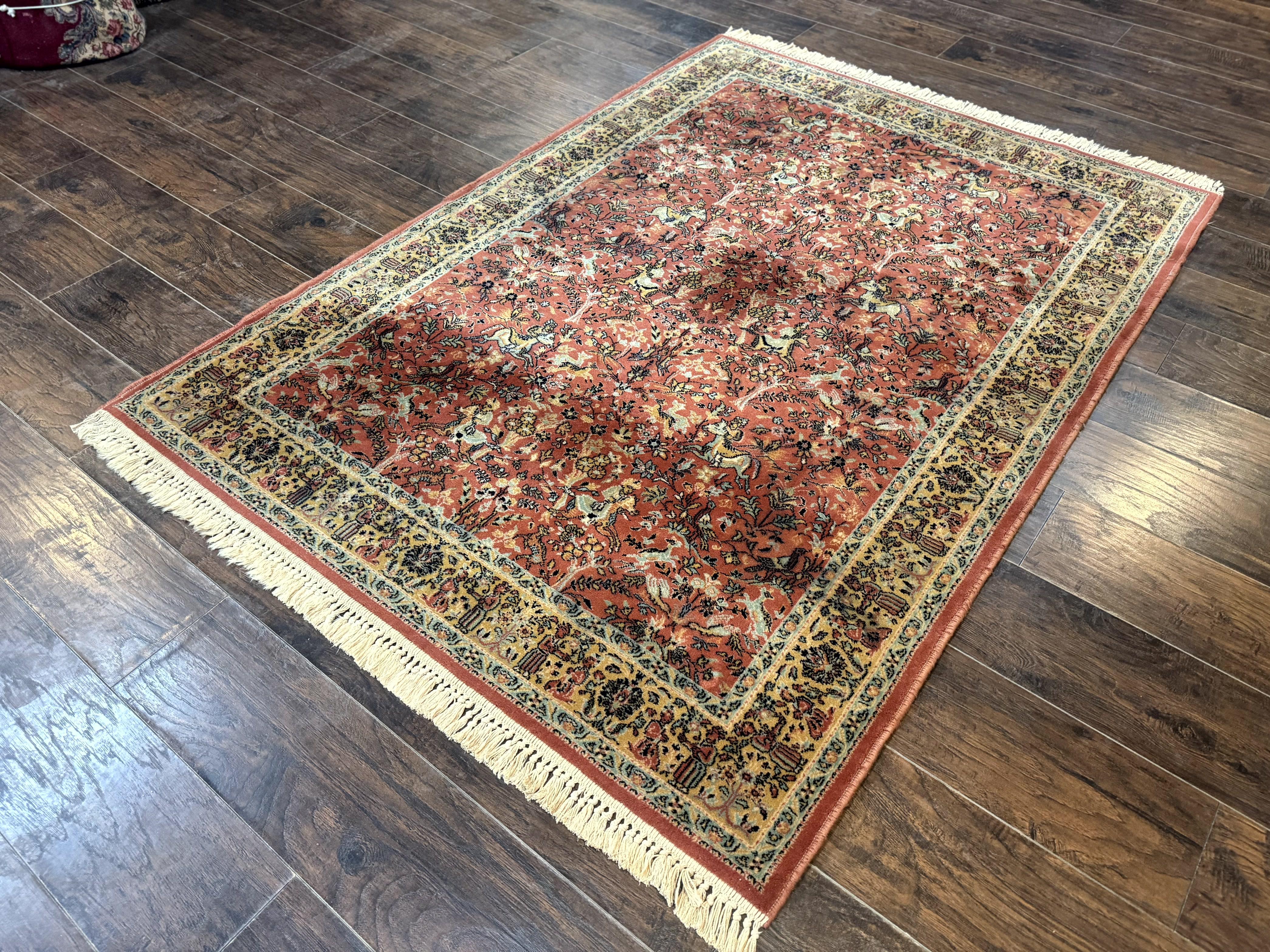 Persian Hunting Design Rug 4.7 x 6.5, Hunting Scene, Red-Orange, Wool, Belgian Power Loomed Carpet - Jewel Rugs