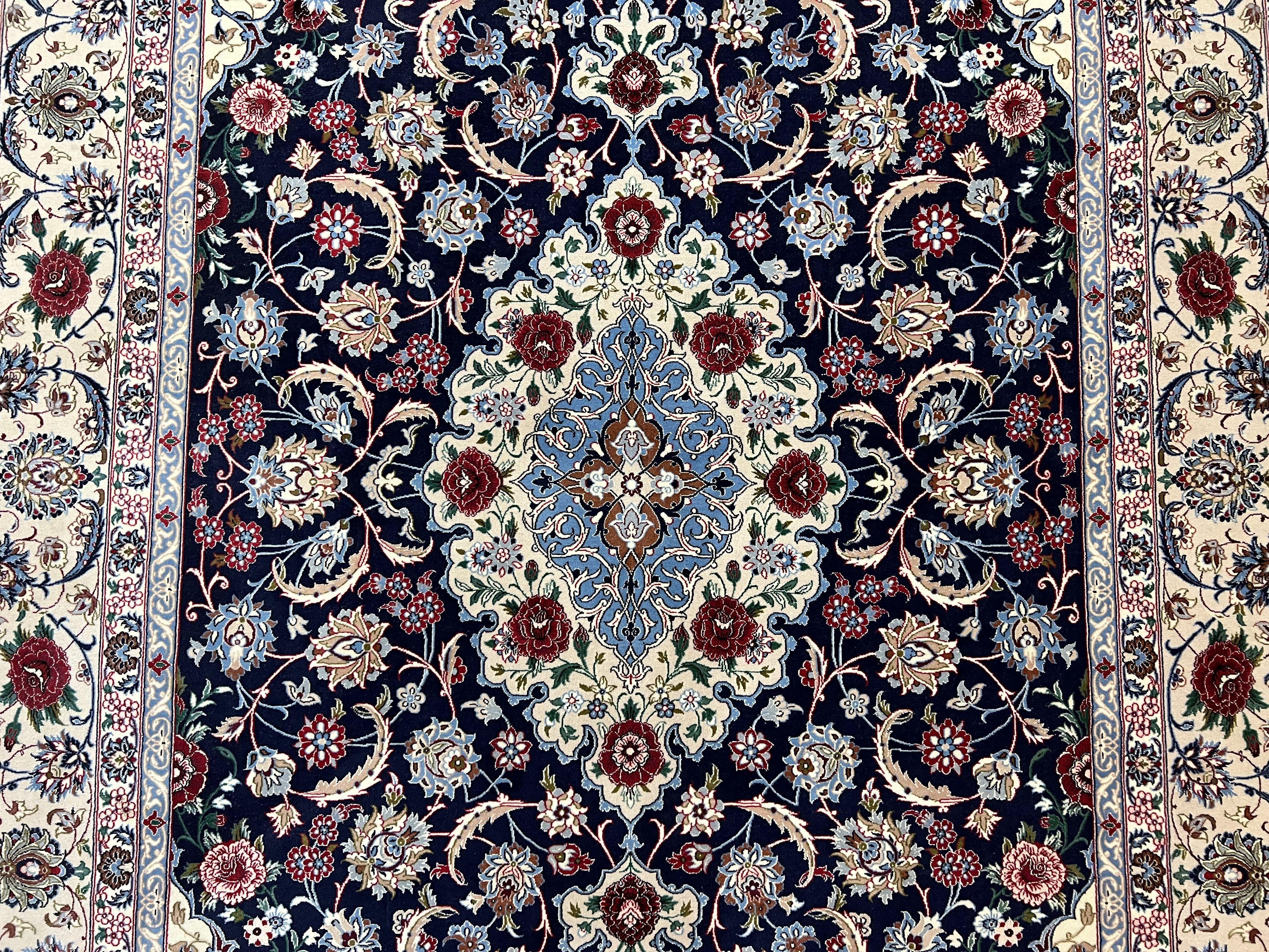 Marvelous Persian Isfahan Rug 7x10, Super Fine Hand Knotted Wool Oriental Carpet 7 x 10 ft, Navy Blue Ivory, Floral Medallion, Semi Antique Vintage - Jewel Rugs