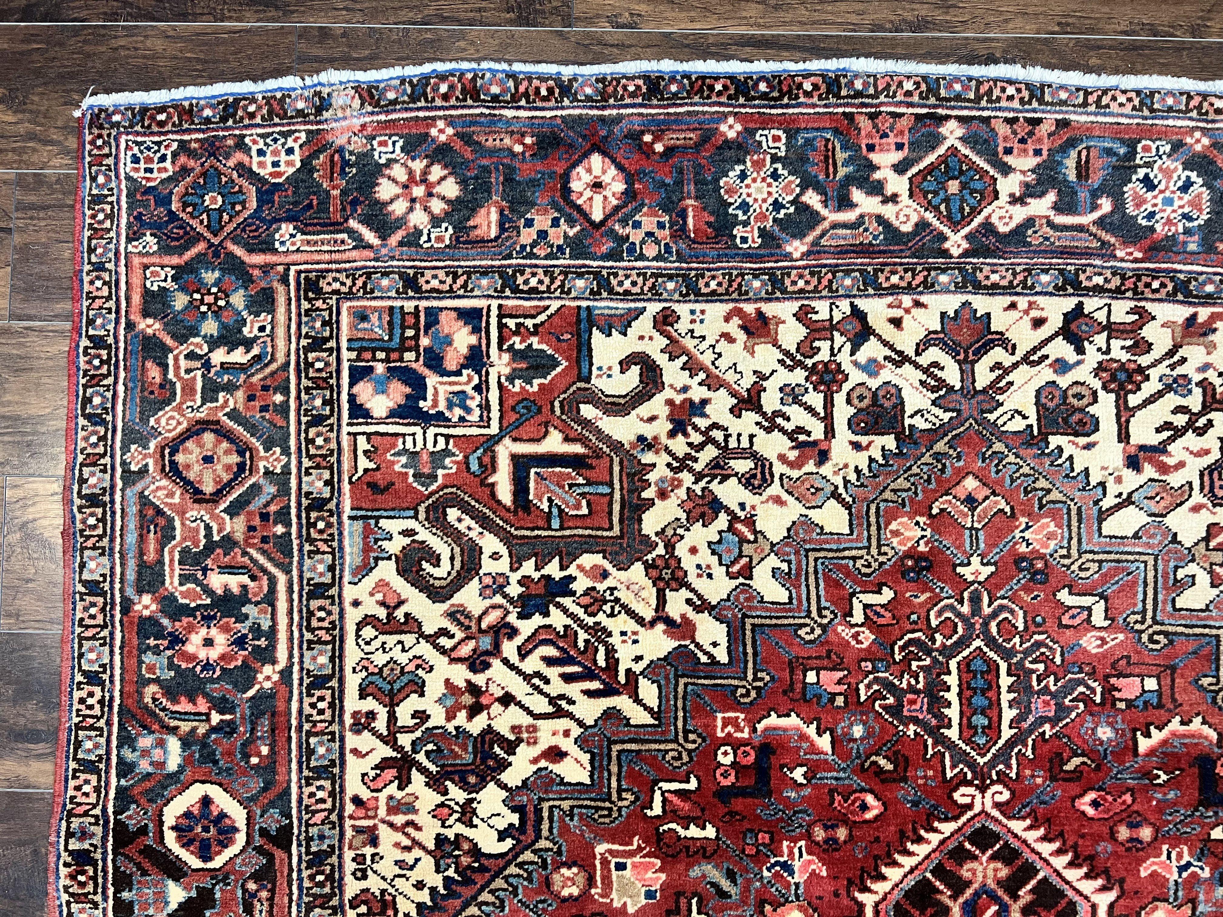 Persian Heriz Rug 8x11, Wool Hand Knotted Antique Carpet, Red Navy Blue Ivory, Geometric Rug, 8 x 11 Room Sized Oriental Rug - Jewel Rugs
