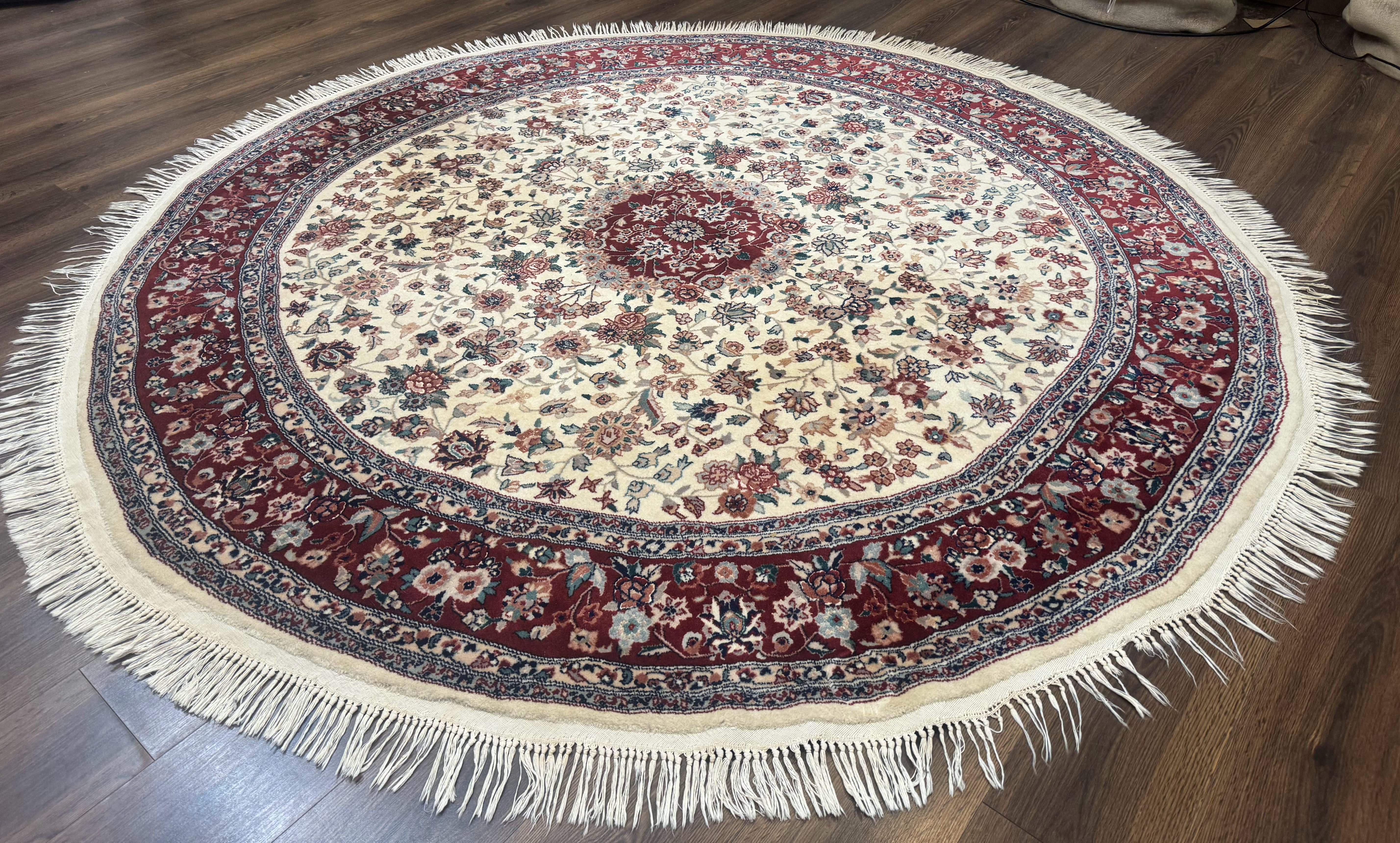 Round Sino Persian Rug 8x8, Wool and Silk, Floral Medallion, Ivory Dark Red - Jewel Rugs