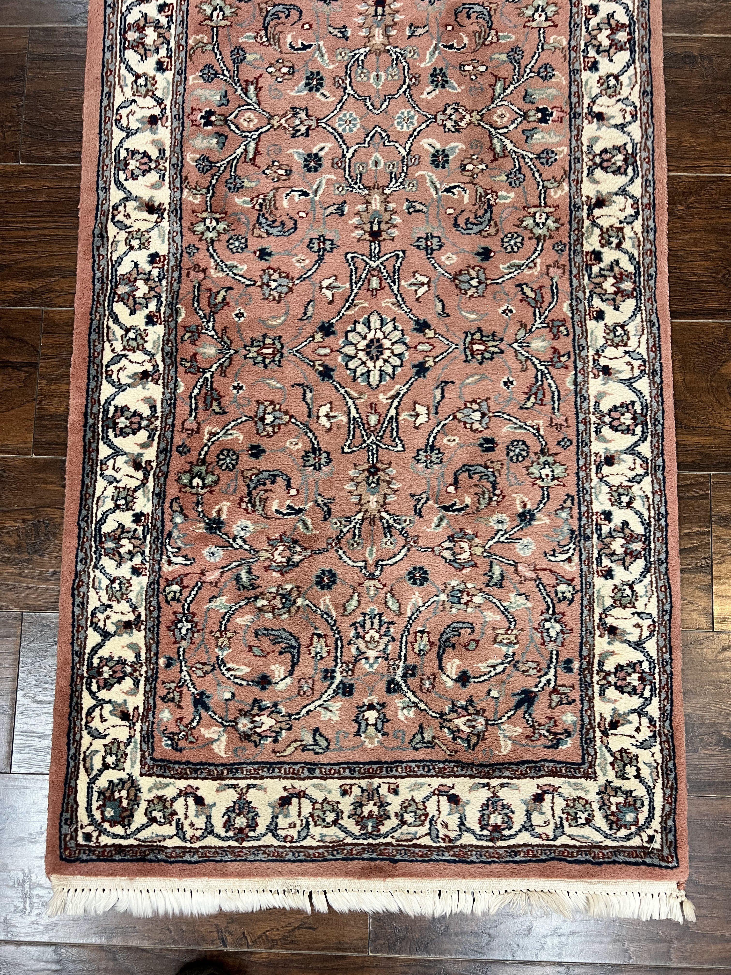 Indo Persian Runner Rug 2.6 x 10, Wool Hand Knotted Vintage Oriental Carpet, Pink & Ivory, Floral Allover, Hallway Rug - Jewel Rugs