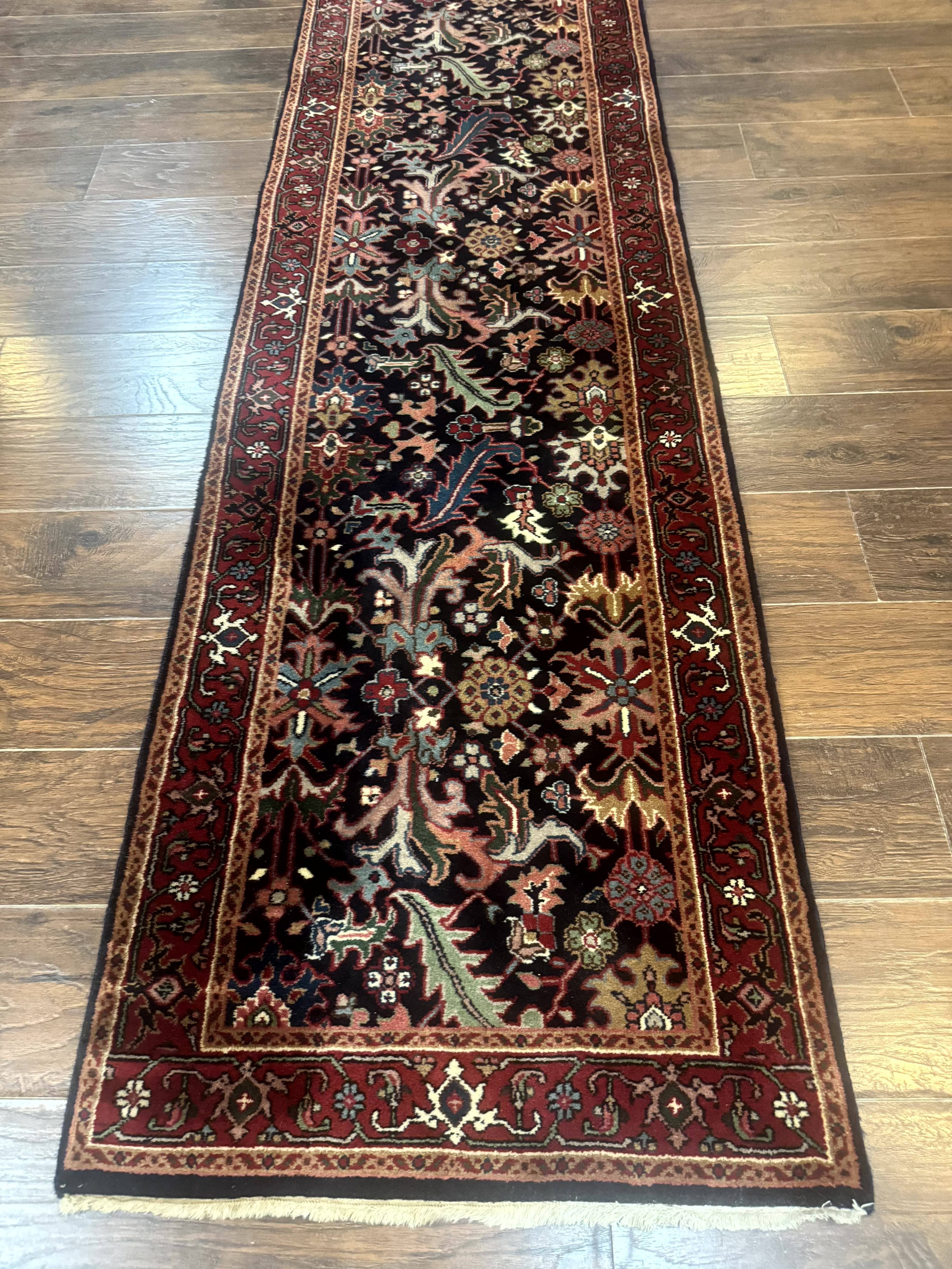 Indo Persian Runner Rug 2.7 x 13, Navy Blue and Red, Allover Floral, Wool, 13ft Runner - Jewel Rugs