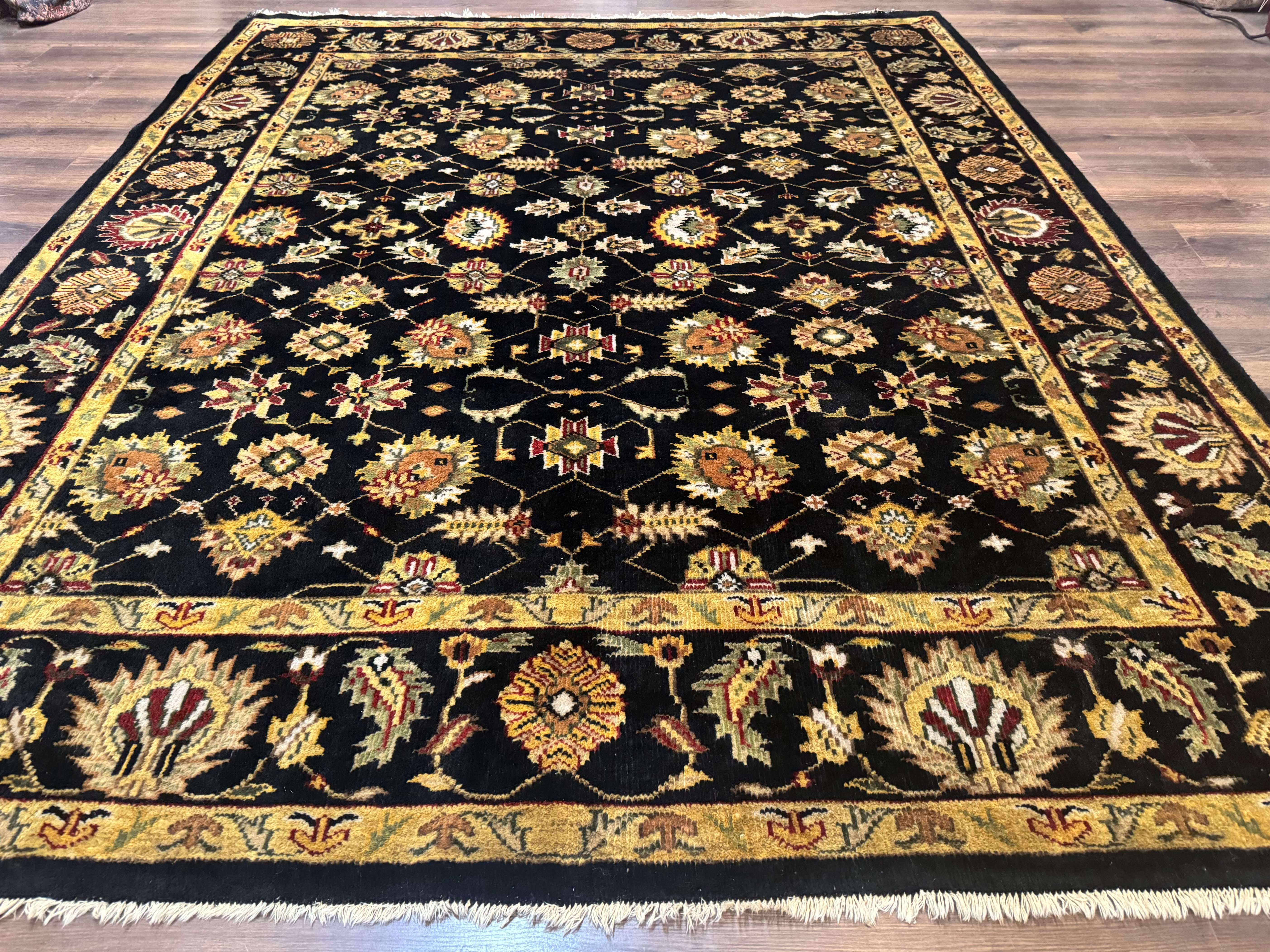 Indo Persian Mahal Rug 8x10, Black and Gold, Wool Hand Knotted Oriental Carpet - Jewel Rugs