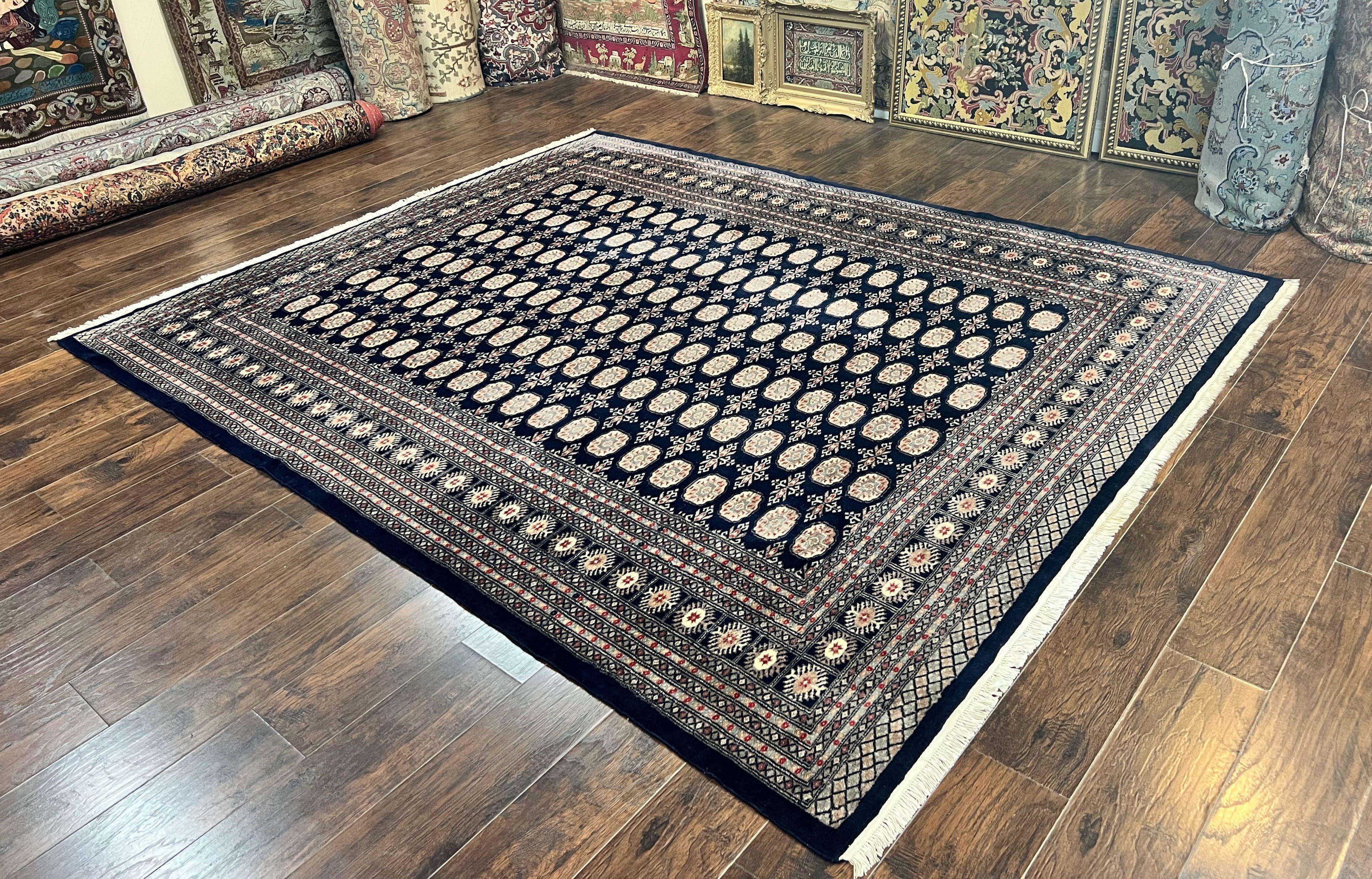 Pakistani Bokhara Rug 8x10, Turkoman Carpet, Dark Blue and Beige, Vintage Handmade Wool Carpet - Jewel Rugs
