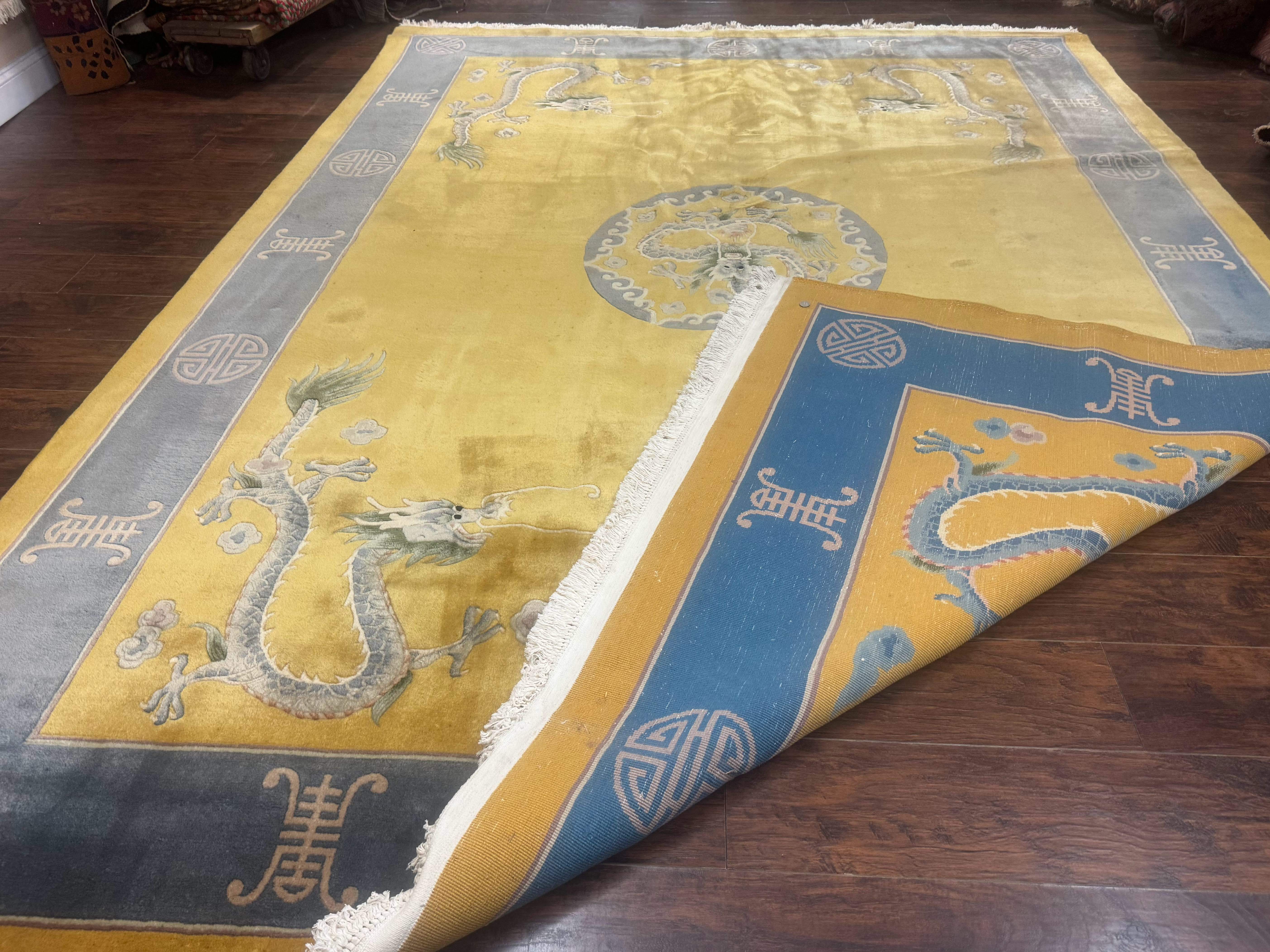 Chinese Wool Rug 9x12, Dragons and Center Medallion, Minimalistic Design, Gold and Light Blue, Peking Rug, 90 Line - Jewel Rugs