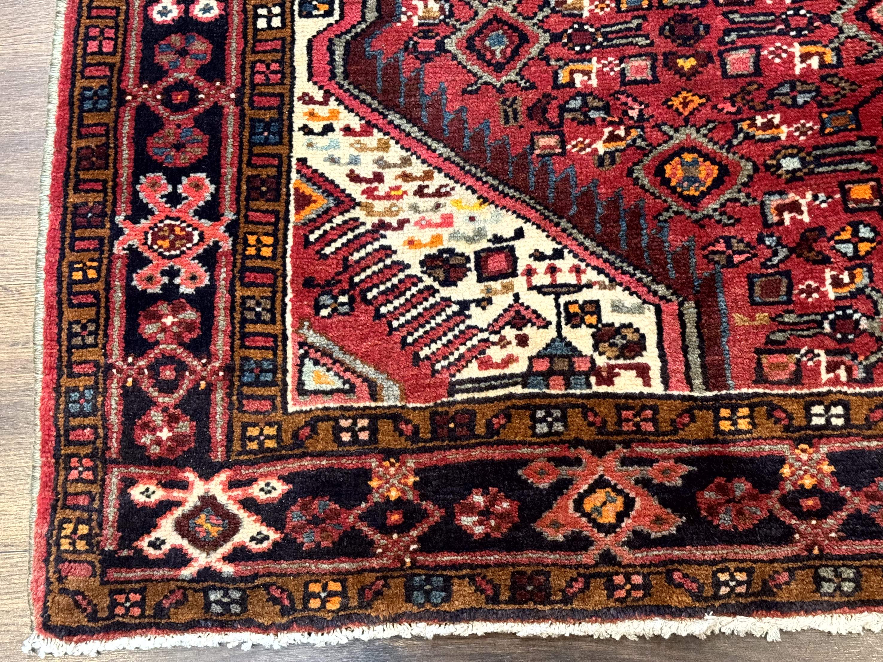 Persian Hamadan Rug 4x7, Tribal Village Malayer Carpet, Red and Ivory, Bohemian Antique - Jewel Rugs