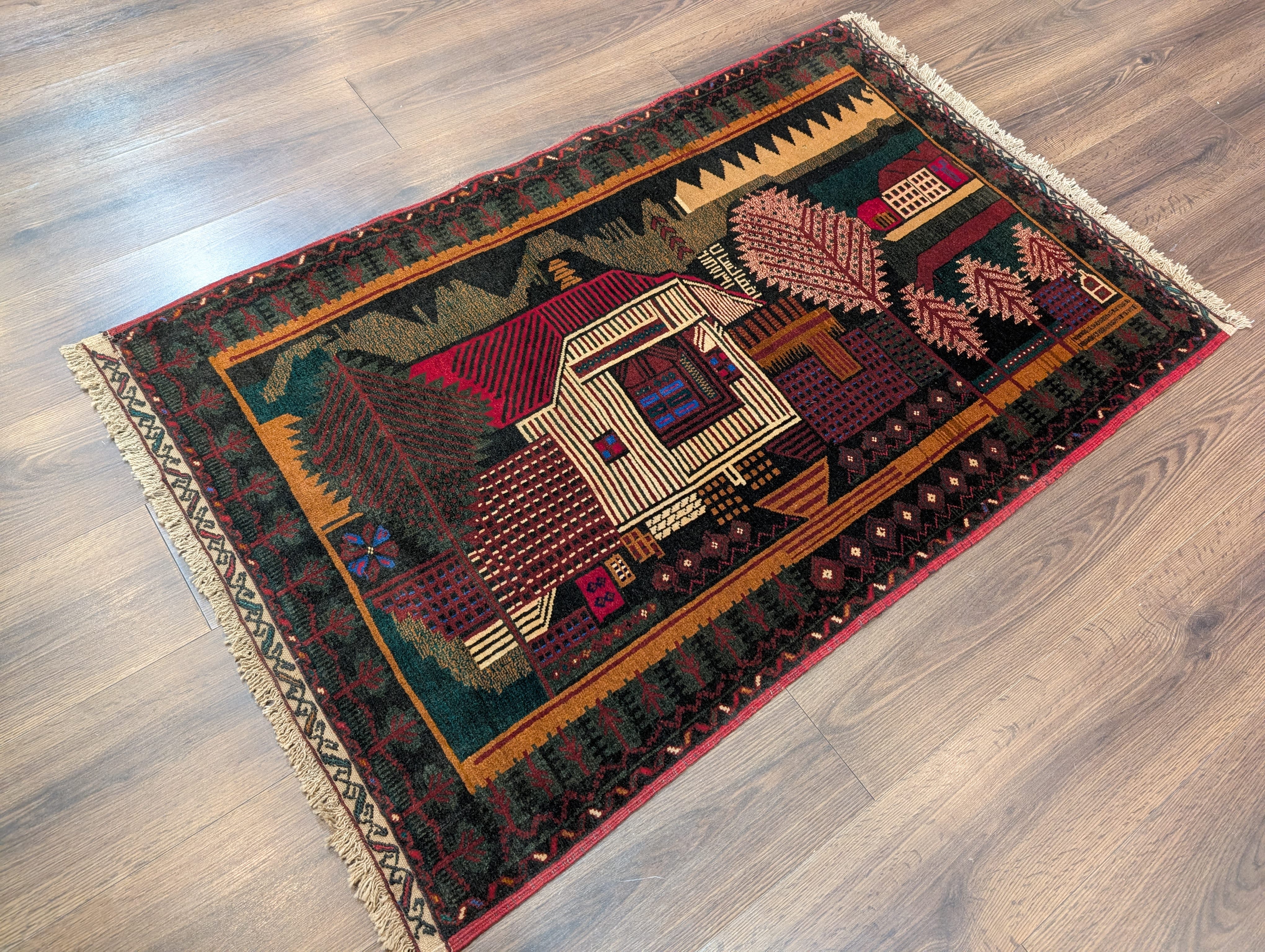 Afghan Rug 3x5, Pictorial Village Scene, Tribal Rug, Handmade, Baluch Carpet, New - Jewel Rugs