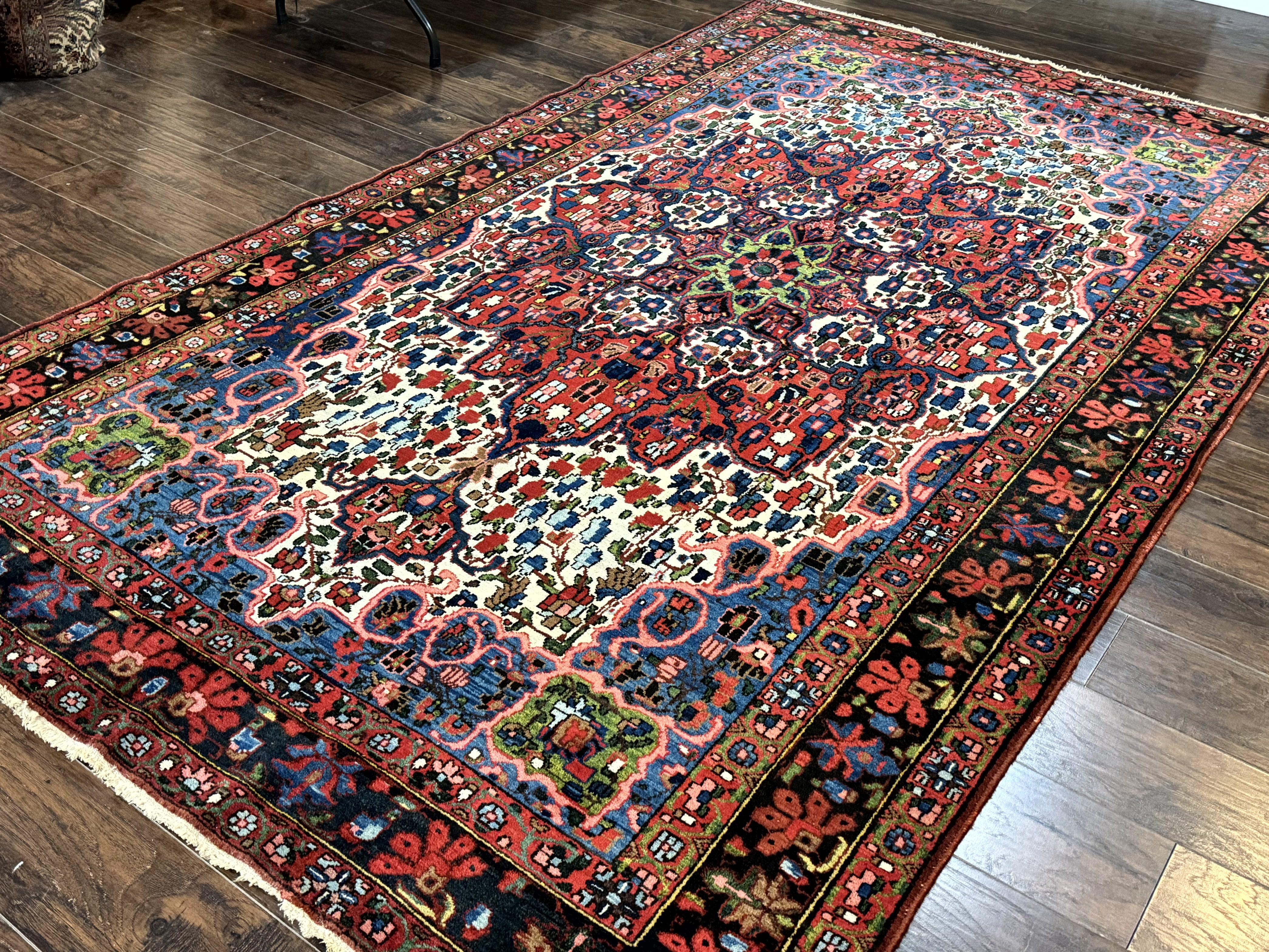 Persian Bakhtiari Rug 7x10, Antique Persian Carpet, Colorful, Great Colors, Ivory Red Blue, Rare Tribal Rug - Jewel Rugs