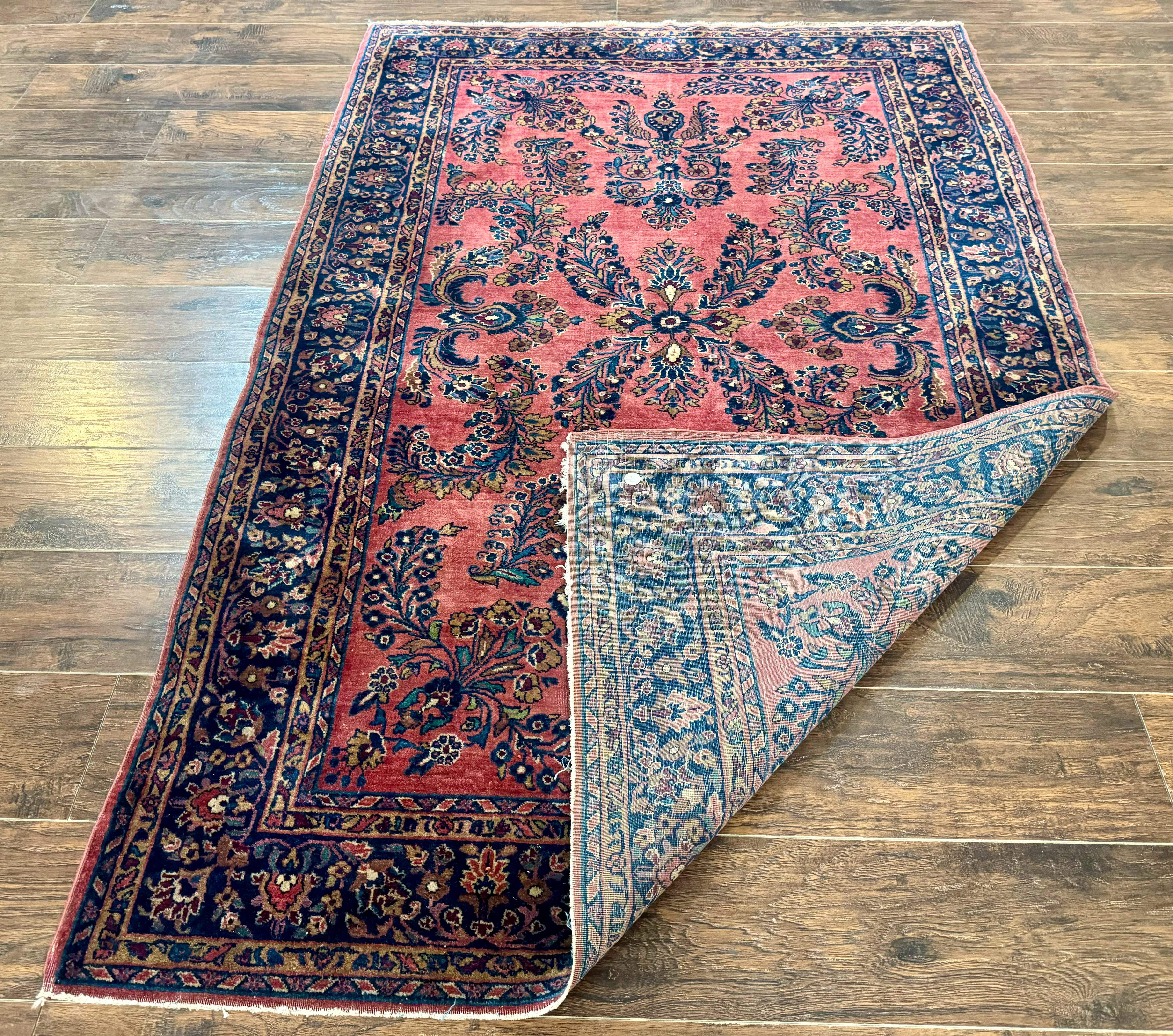 Persian Mohajeran Sarouk Rug 5x7 – Light Red and Navy, Handmade Wool, Antique Carpet, Fine 200 KPSI - Jewel Rugs