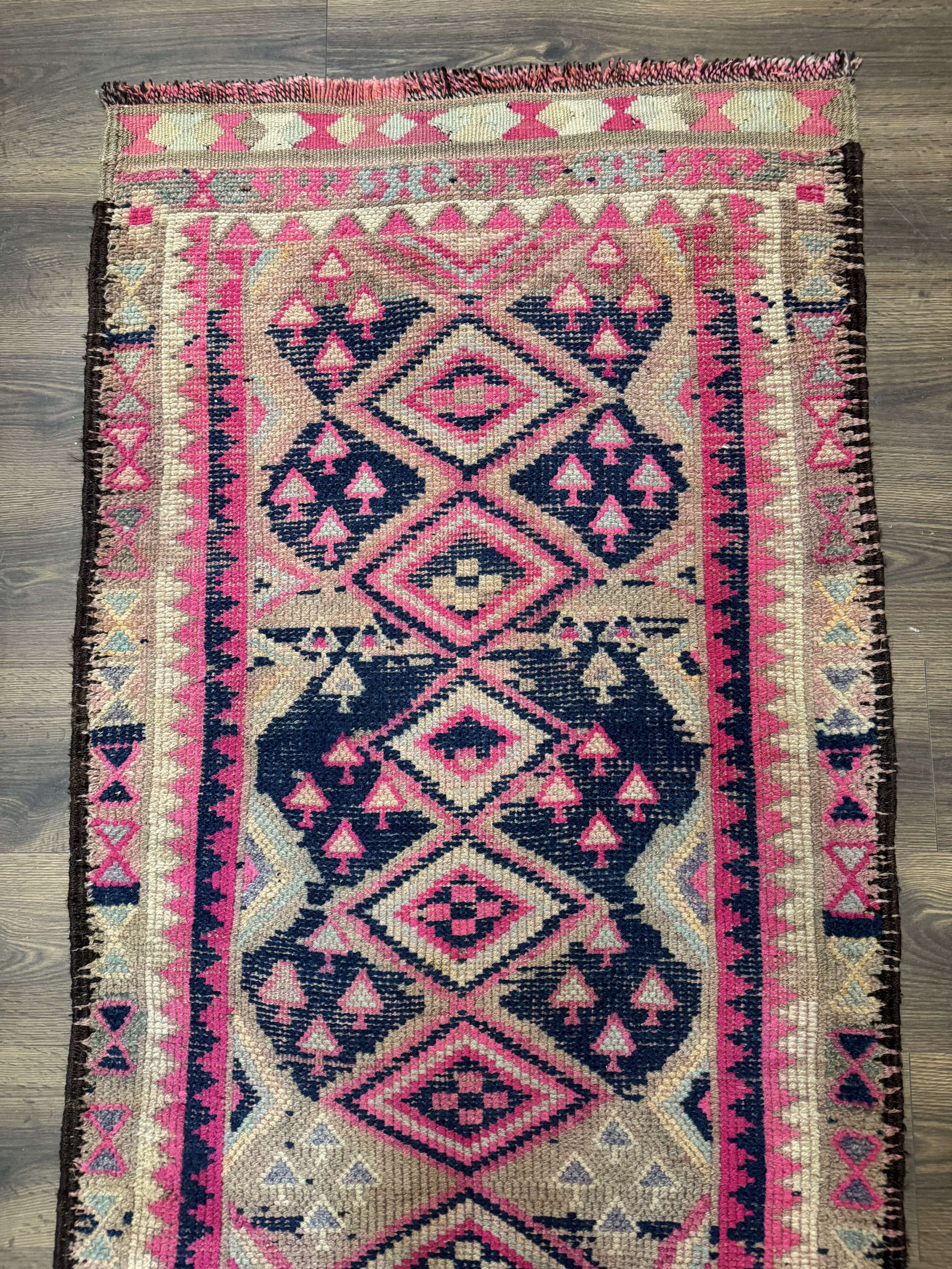 Turkish Runner Rug 3x10, Pink and Navy Blue, Bohemian Runner for Hallway or Kitchen, Vintage, Geometric, Tribal - Jewel Rugs