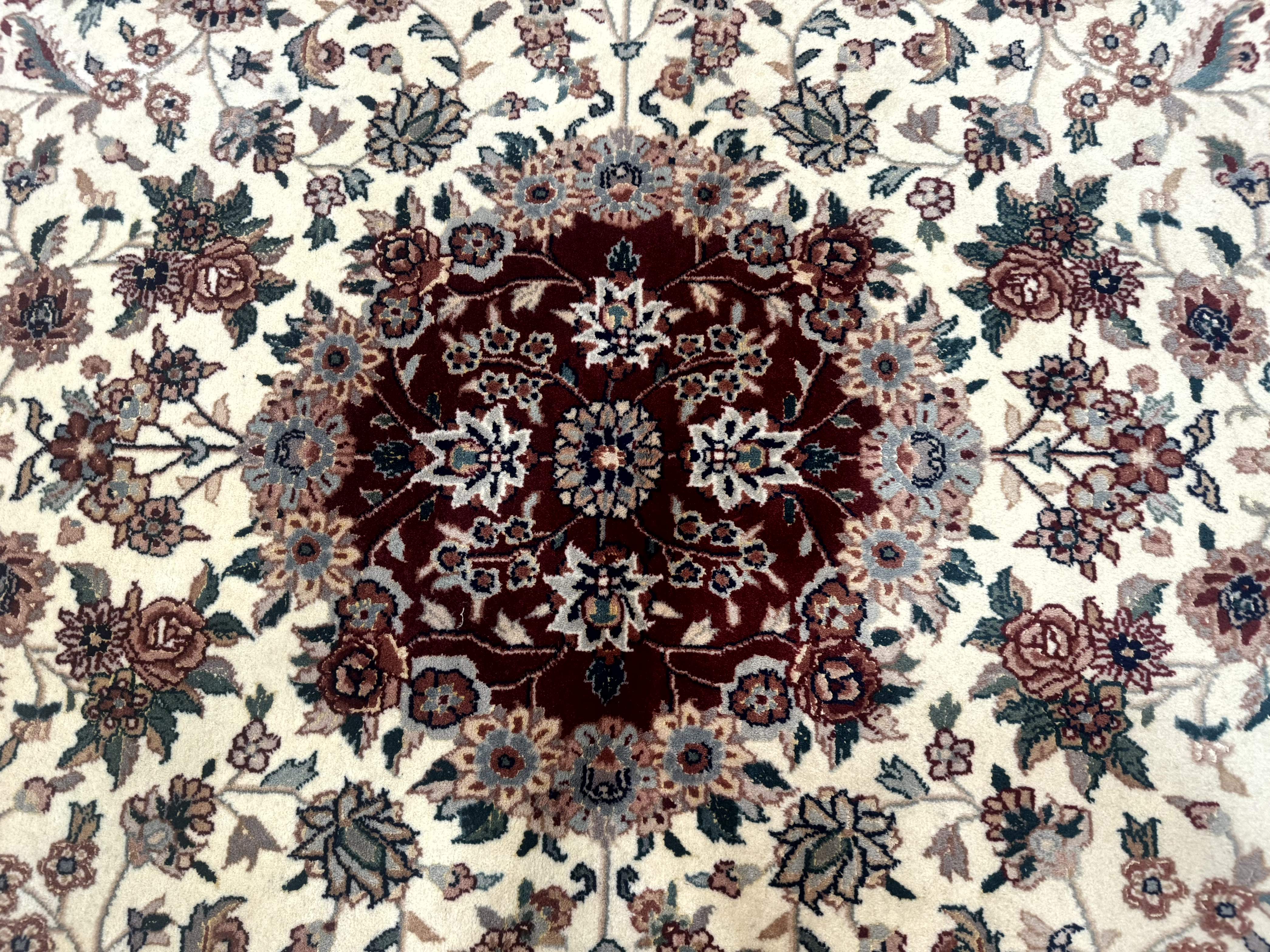 Round Sino Persian Rug 8x8, Wool and Silk, Floral Medallion, Ivory Dark Red - Jewel Rugs