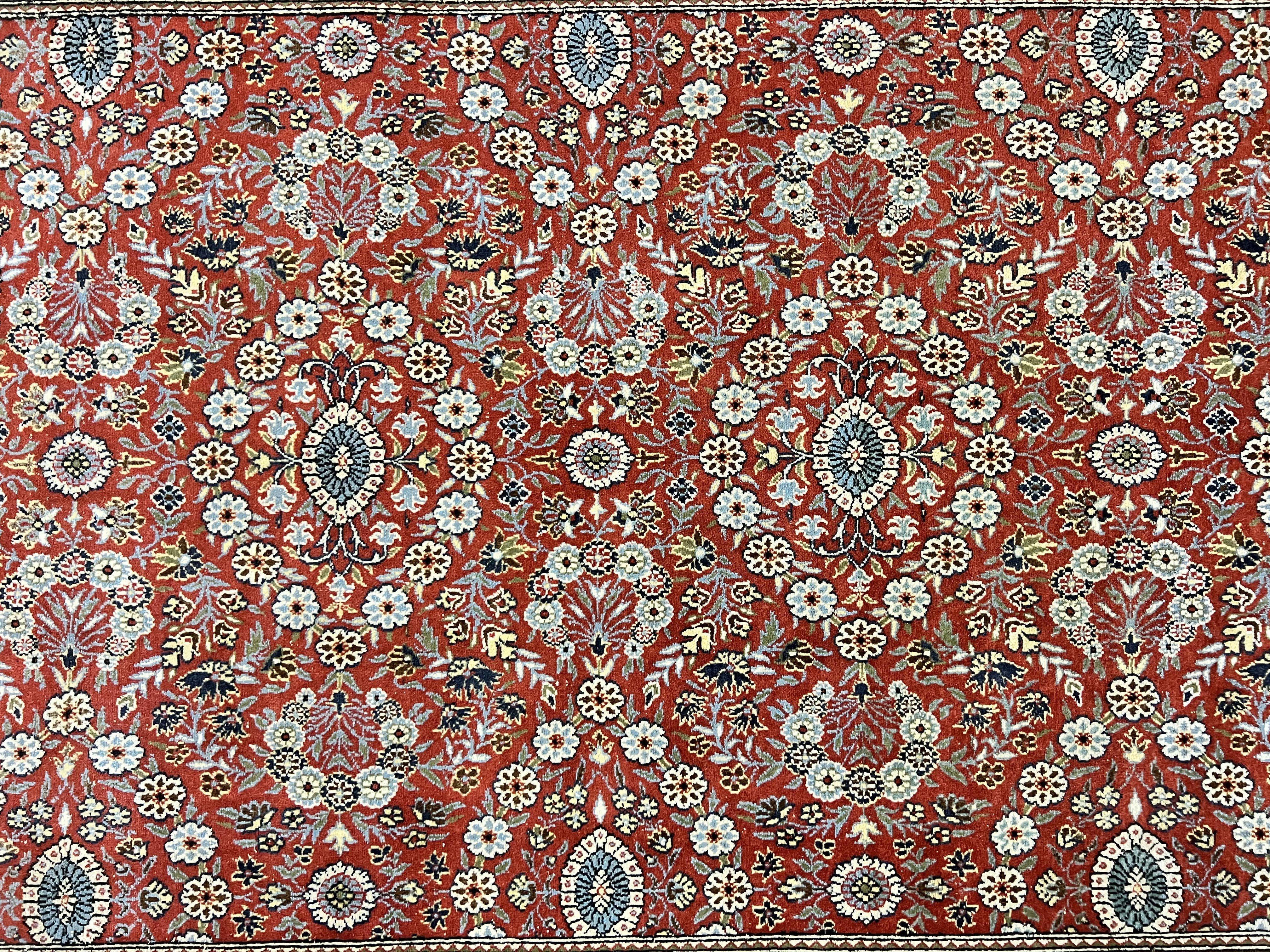 Red Persian Qum Rug 5 x 7.6, Hand Knotted Vintage Wool Fine Carpet 270 KPSI, Floral Allover - Jewel Rugs