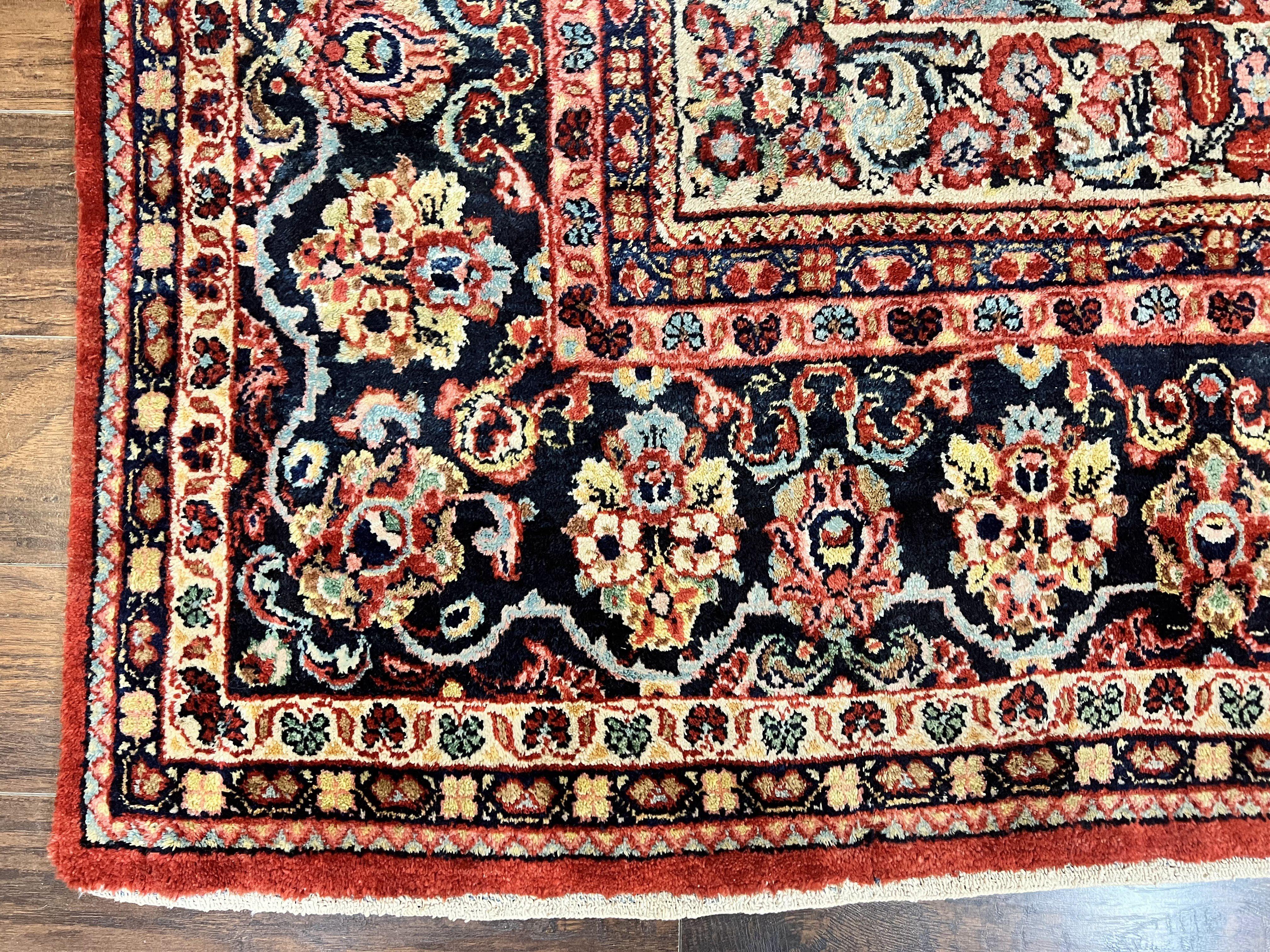 Persian Sarouk Rug 11x14, Semi Open Field, Large Antique Persian Wool Handmade Carpet, Red and Dark Blue, Floral - Jewel Rugs