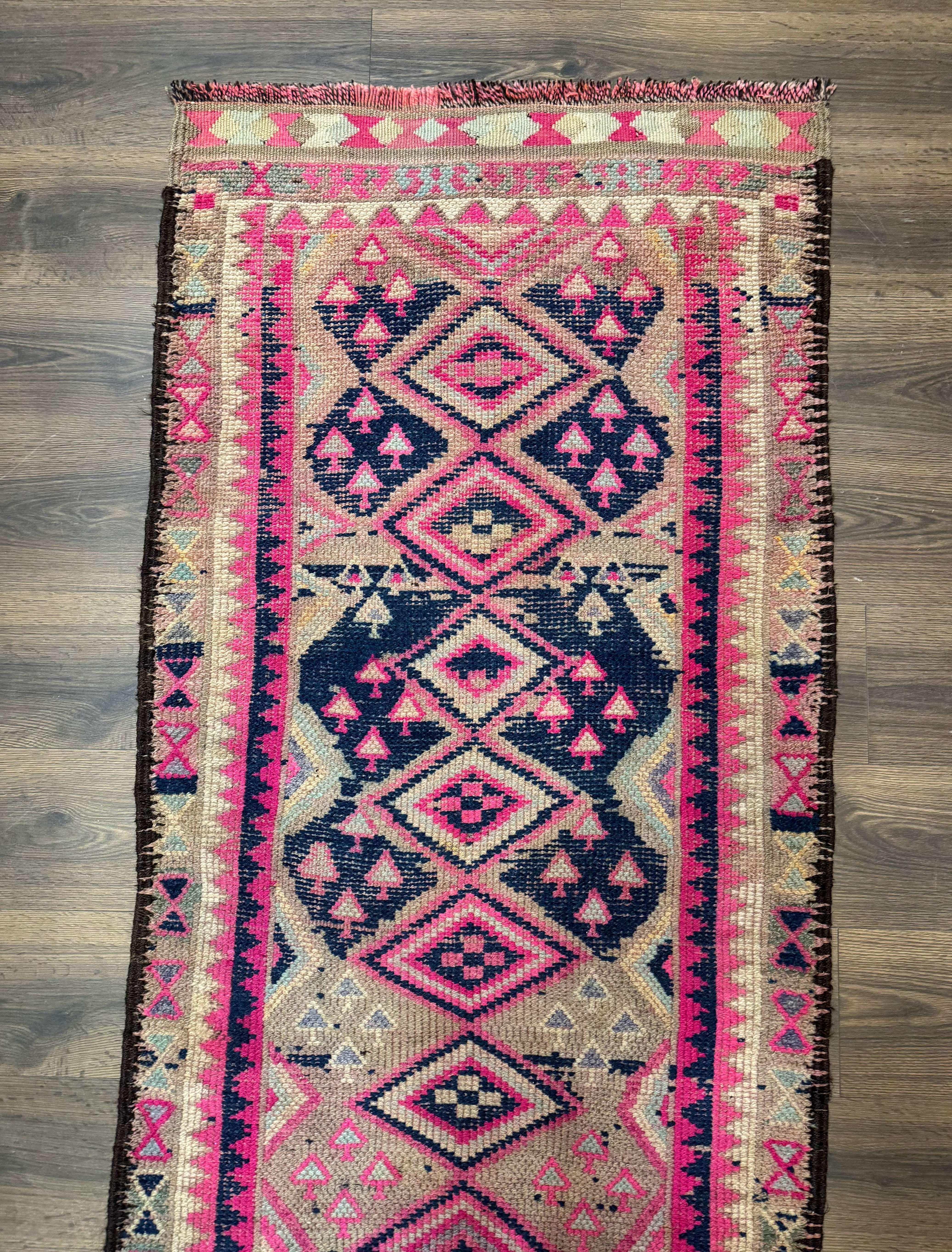 Turkish Runner Rug 3x10, Pink and Navy Blue, Bohemian Runner for Hallway or Kitchen, Vintage, Geometric, Tribal - Jewel Rugs