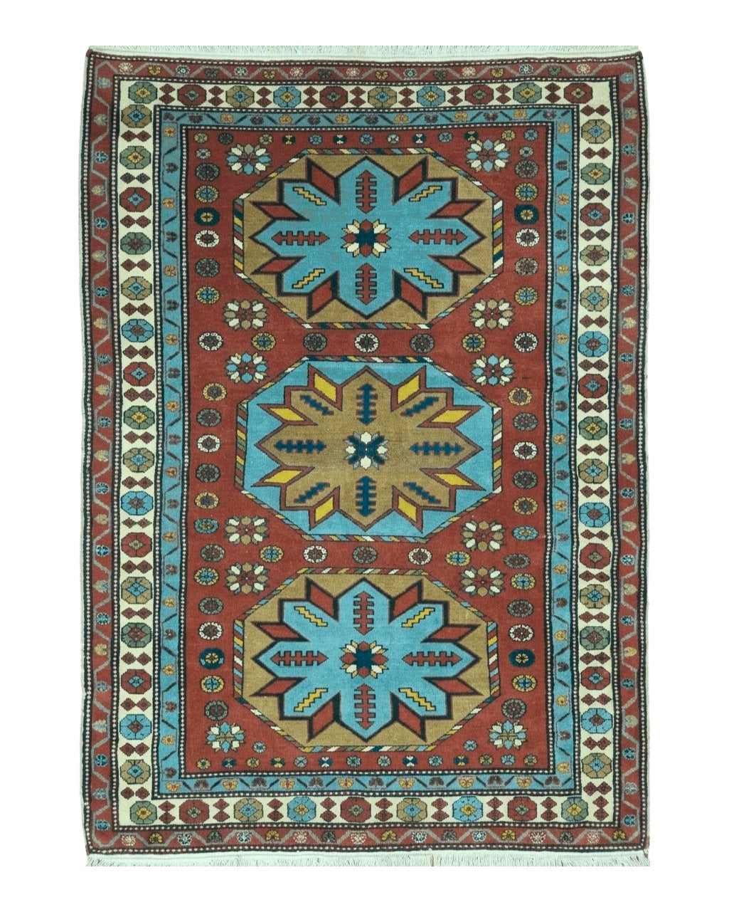 Caucasian Shirvan Rug 4x6, Colorful Geometric Medallions Russia 4' 1" x 6' in Rust Red and Turquoise Blue, Tan, Cream - 2604J034