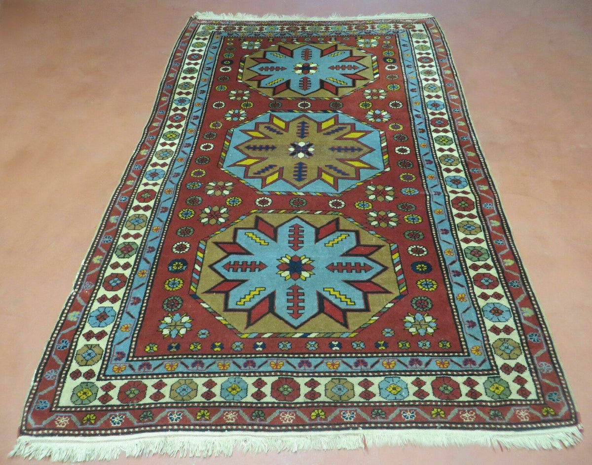 Caucasian Shirvan Rug 4x6, Colorful Geometric Medallions Russia 4' 1" x 6' in Rust Red and Turquoise Blue, Tan, Cream - 2604J034