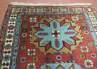 Caucasian Shirvan Rug 4x6, Colorful Geometric Medallions Russia 4' 1" x 6' in Rust Red and Turquoise Blue, Tan, Cream - 2604J034