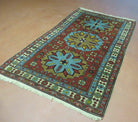 Caucasian Shirvan Rug 4x6, Colorful Geometric Medallions Russia 4' 1" x 6' in Rust Red and Turquoise Blue, Tan, Cream - 2604J034