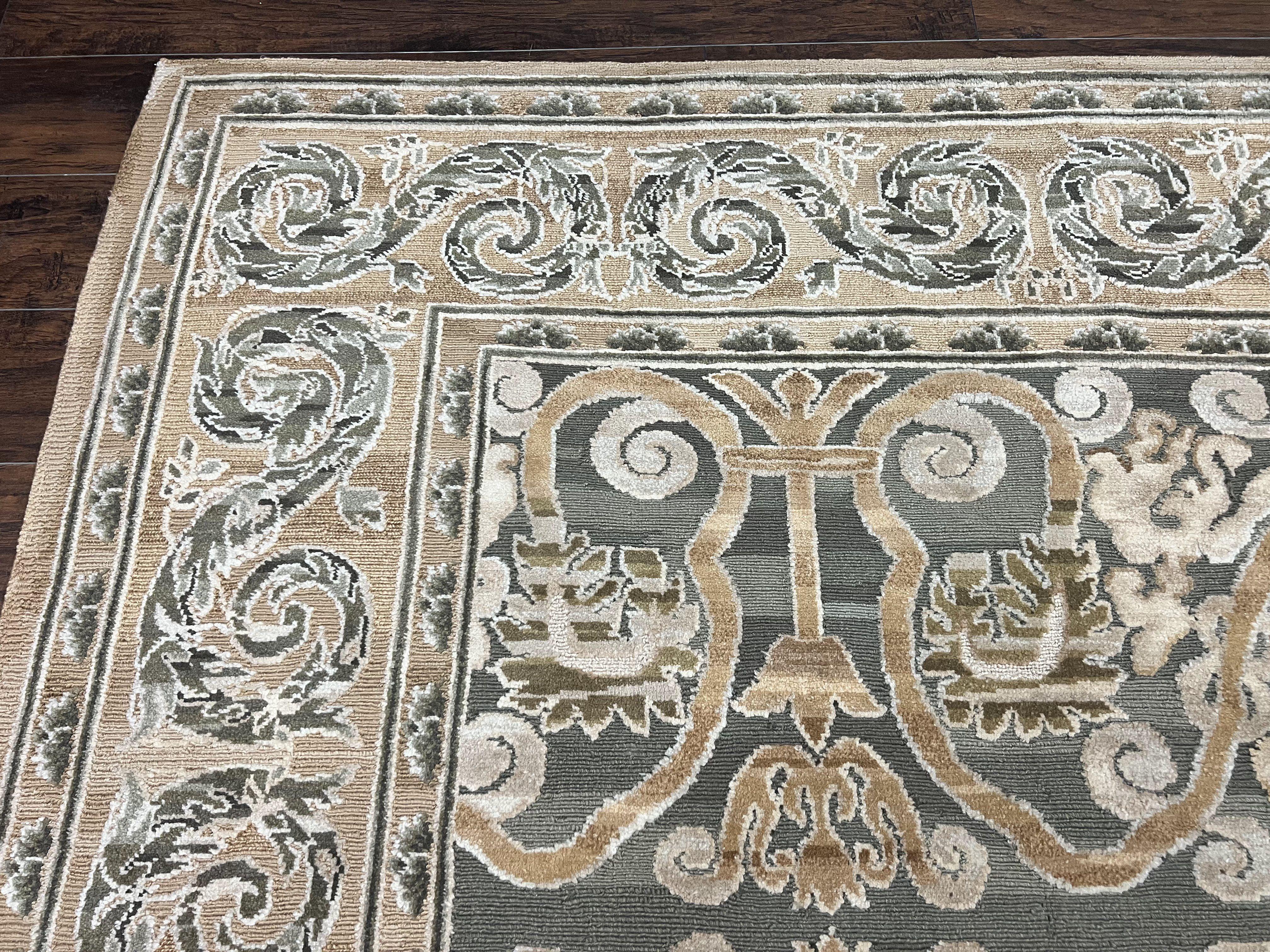 Spanish Rug 11x14, Wool Hand Knotted Vintage Carpet, Olive Green and Beige, Floral Allover, European Design, 11 x 14 Rug - Jewel Rugs