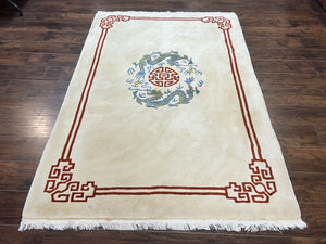 Chinese Wool Rug 5x8, Chinese Dragon Rug 5 x 8, Peking Carpet, Simple Design, Ivory, Wool Vintage Handmade Asian Art Deco Oriental Rug