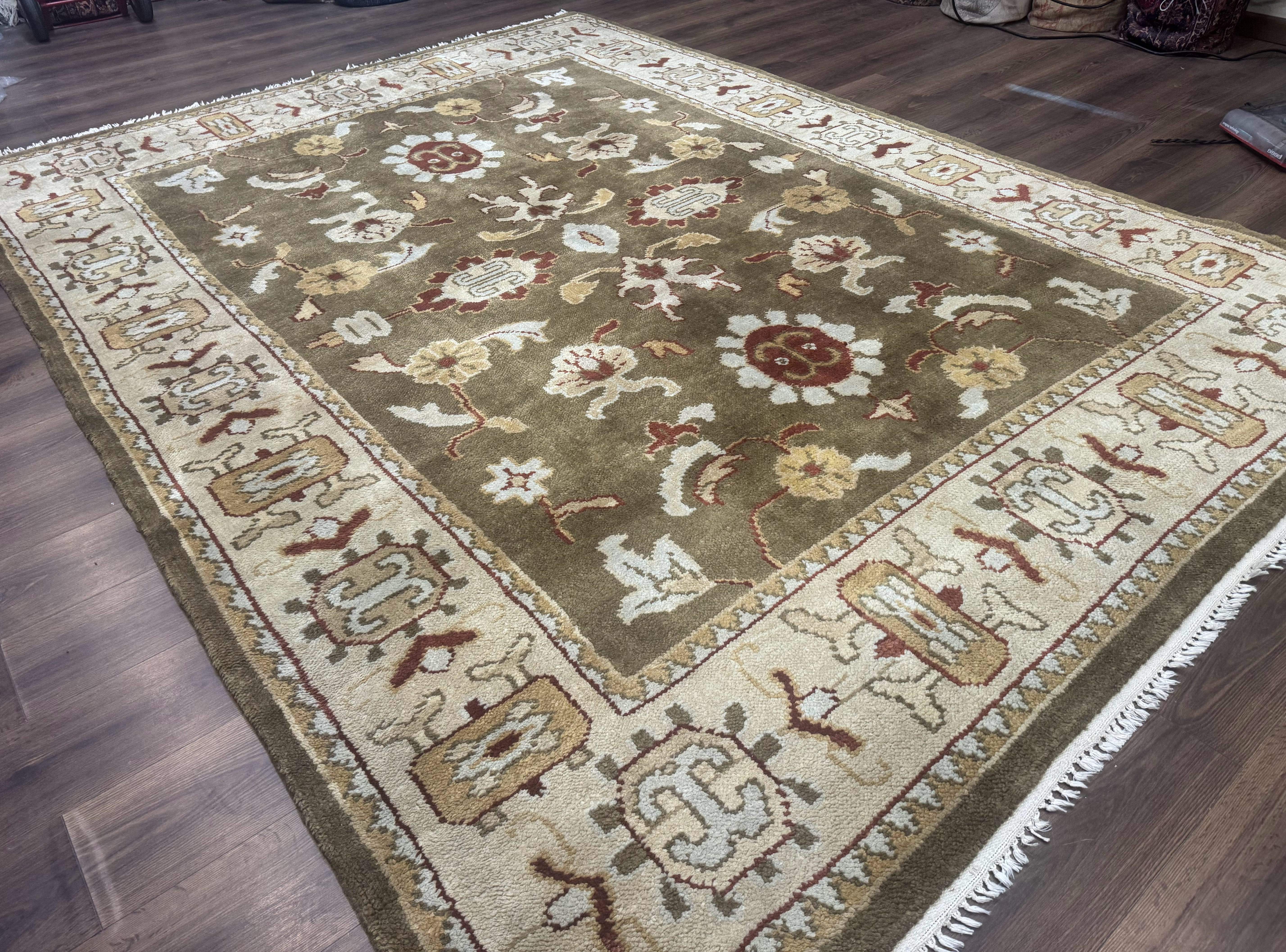 Indo Mahal Rug 8x11 – Olive Green Hand-Knotted Wool Carpet - Jewel Rugs