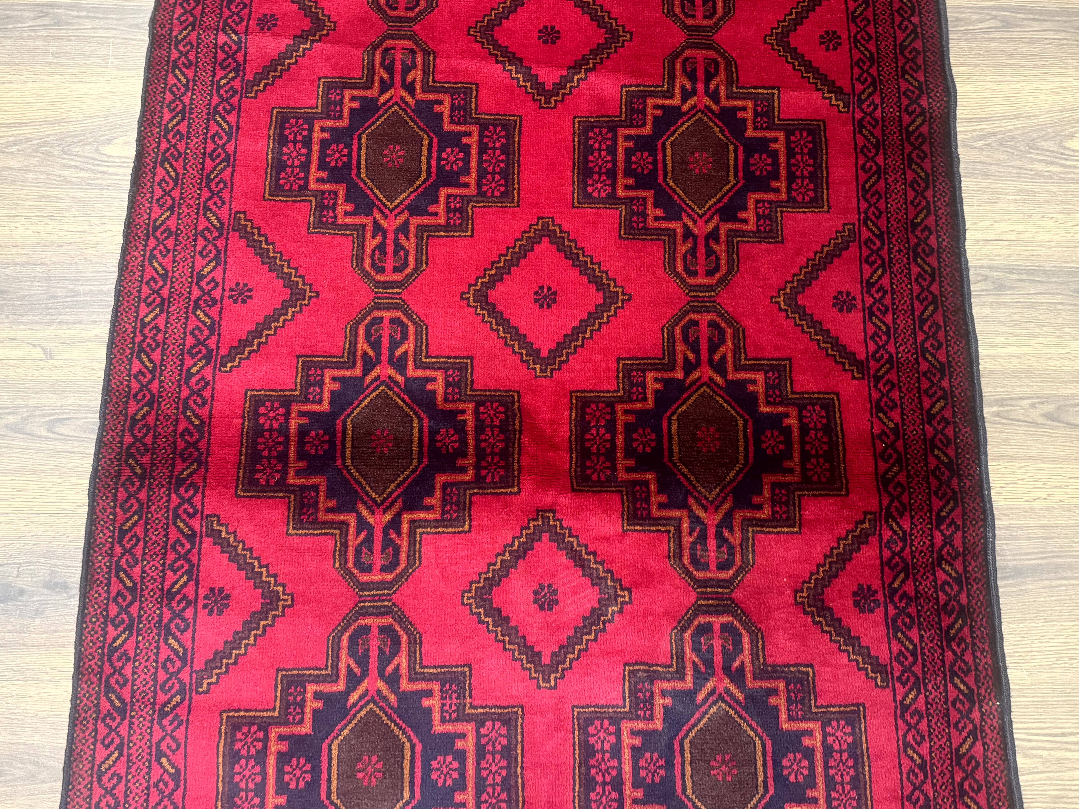 Afghan Rug 4x7, Tribal Carpet, Balouch Rug, Red and Navy Blue, Repeated Medallions, New - Jewel Rugs