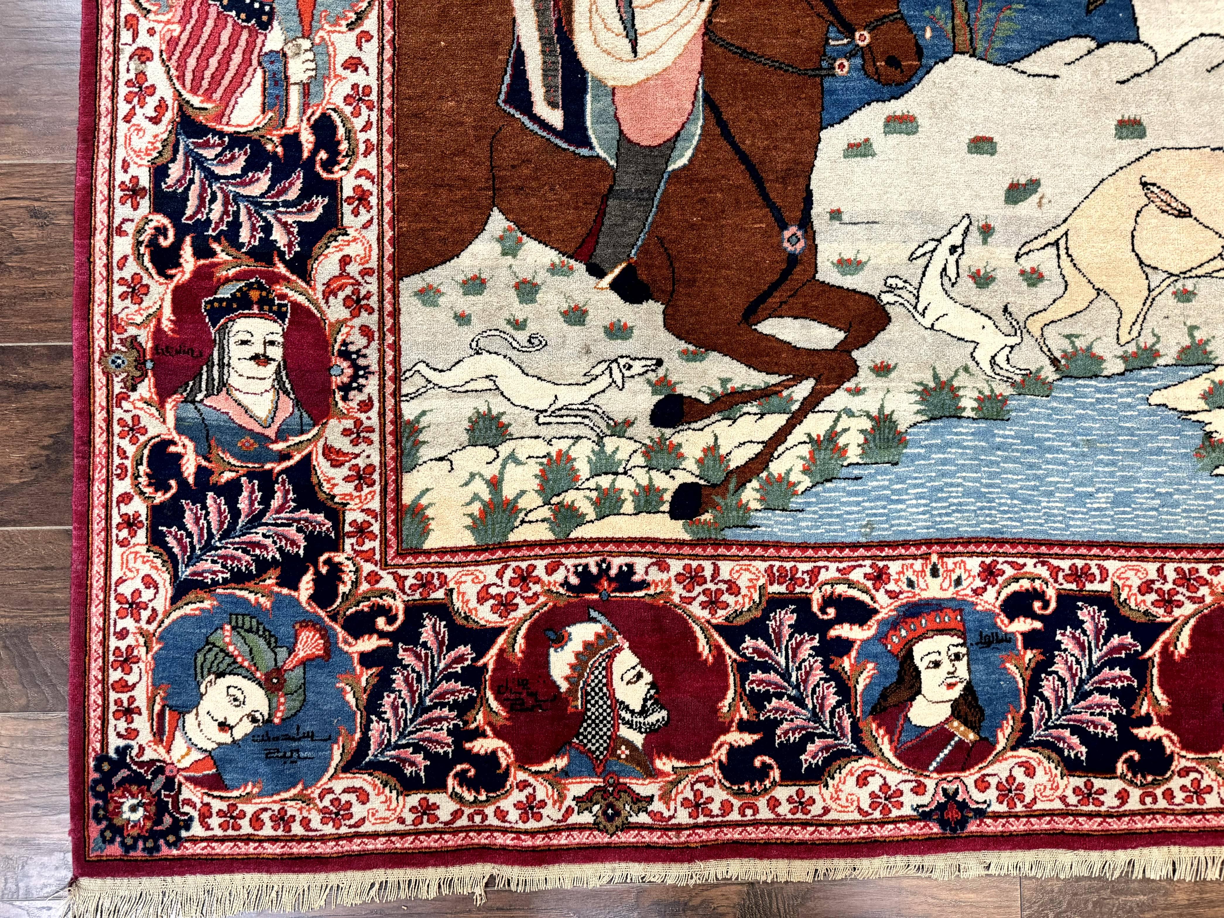 Rare Persian Kashan Pictorial Rug 6x9, King Bahram Hunting Scene, Persian Kings, Hand Knotted Persian Rug for Wall Hanging, Antique, Wool - Jewel Rugs