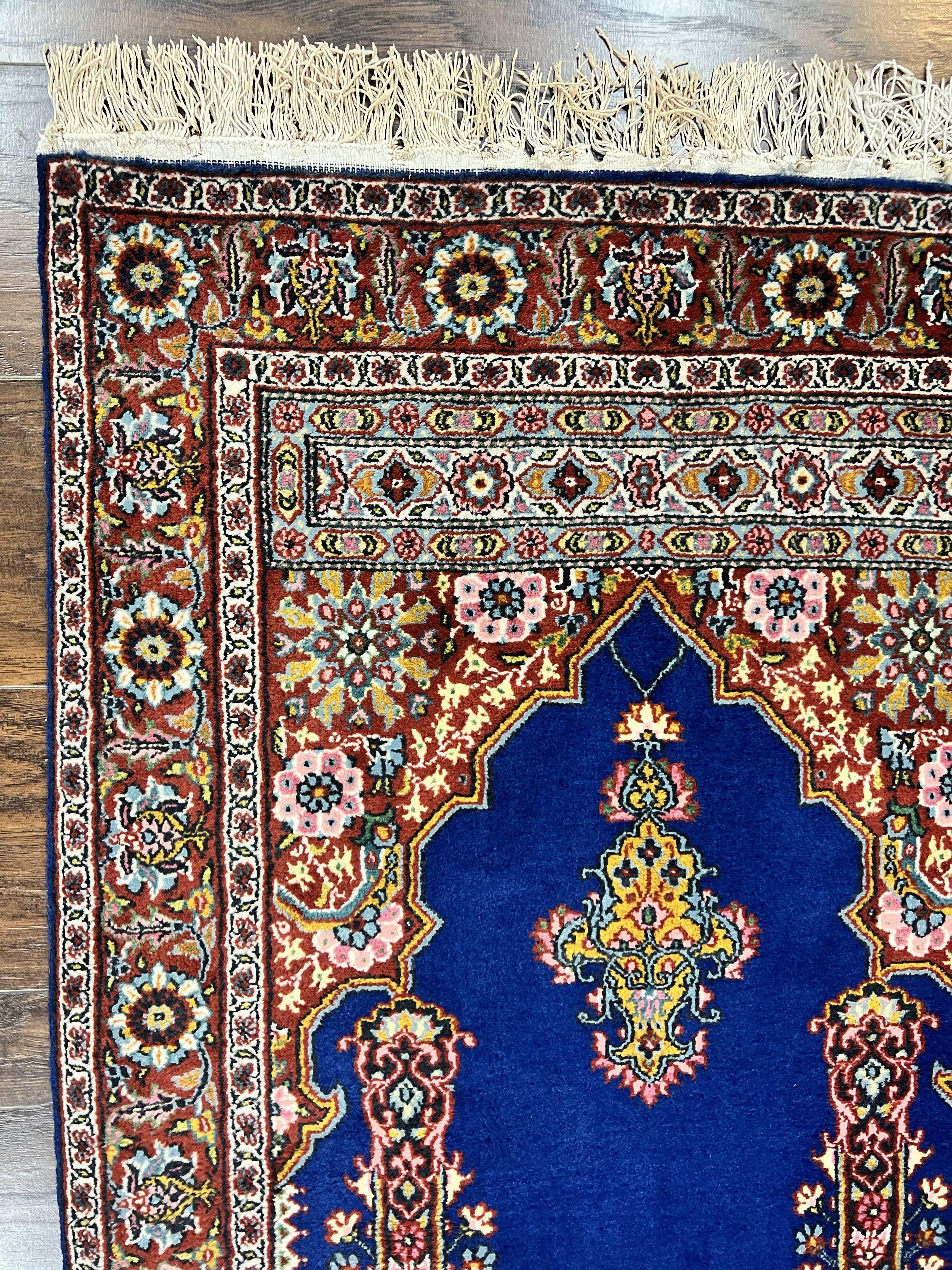 Indo Persian Prayer Rug 3x5, Fine Oriental Carpet, Dark Blue and Red, Vintage Hand Knotted Handmade Prayer Rug - Jewel Rugs