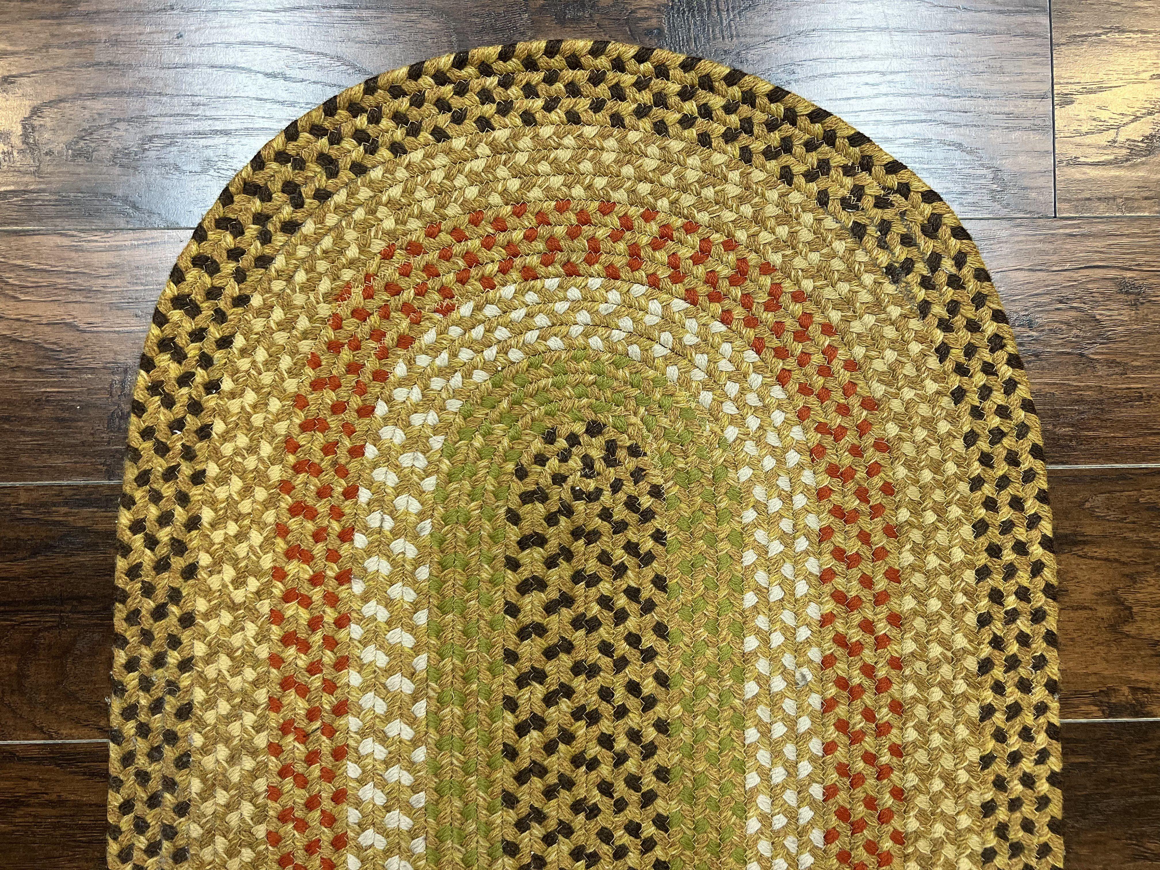 Small Oval Braided Rug 2x4, Yellow Multicolor Oval Rug, Wool Braided Rug, Hand Woven Vintage Handmade Braided Rug - Jewel Rugs