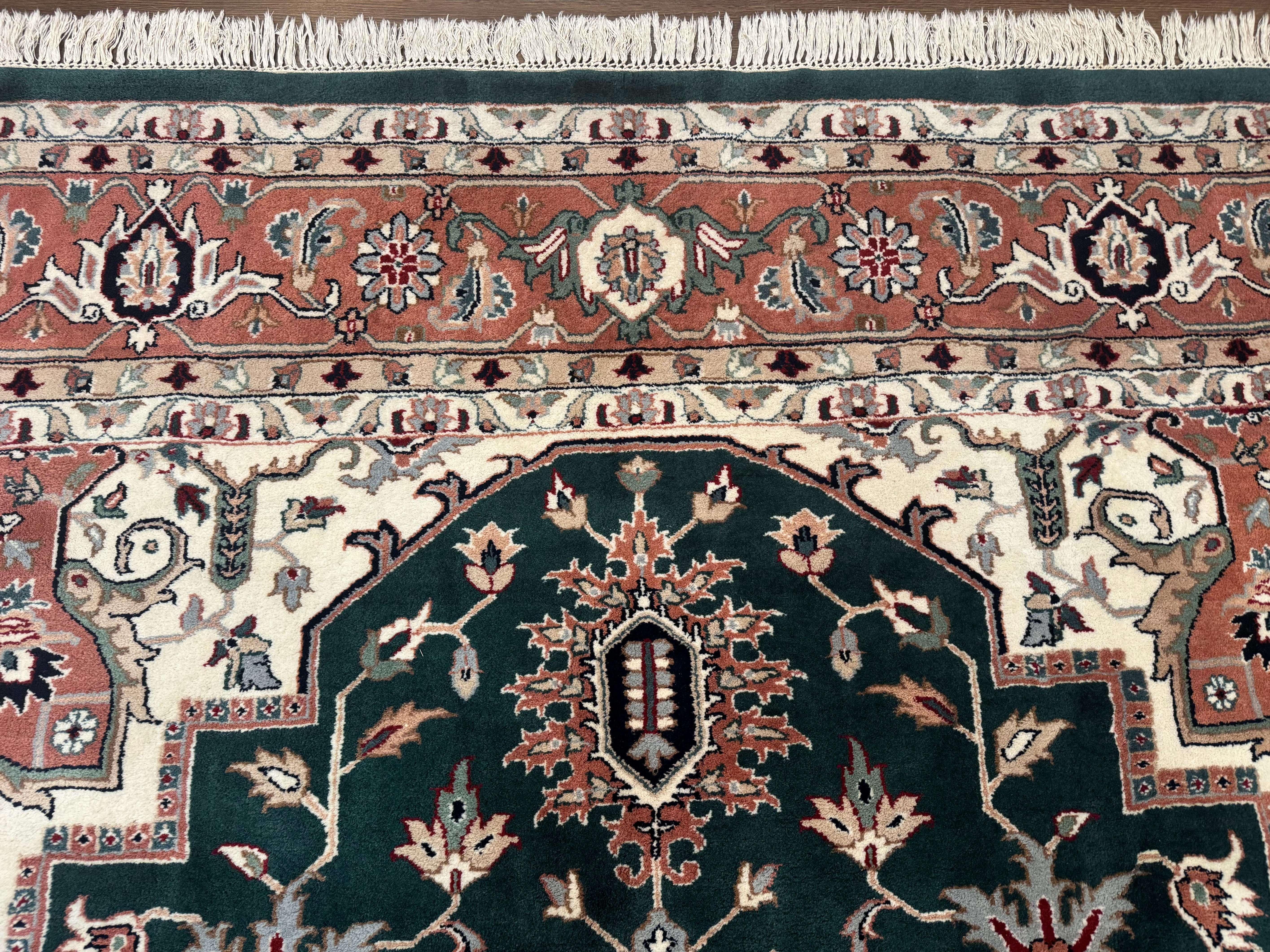 Indo Persian Heriz Rug 9x12, Dark Green & Ivory, Wool Hand Knotted Carpet - Jewel Rugs