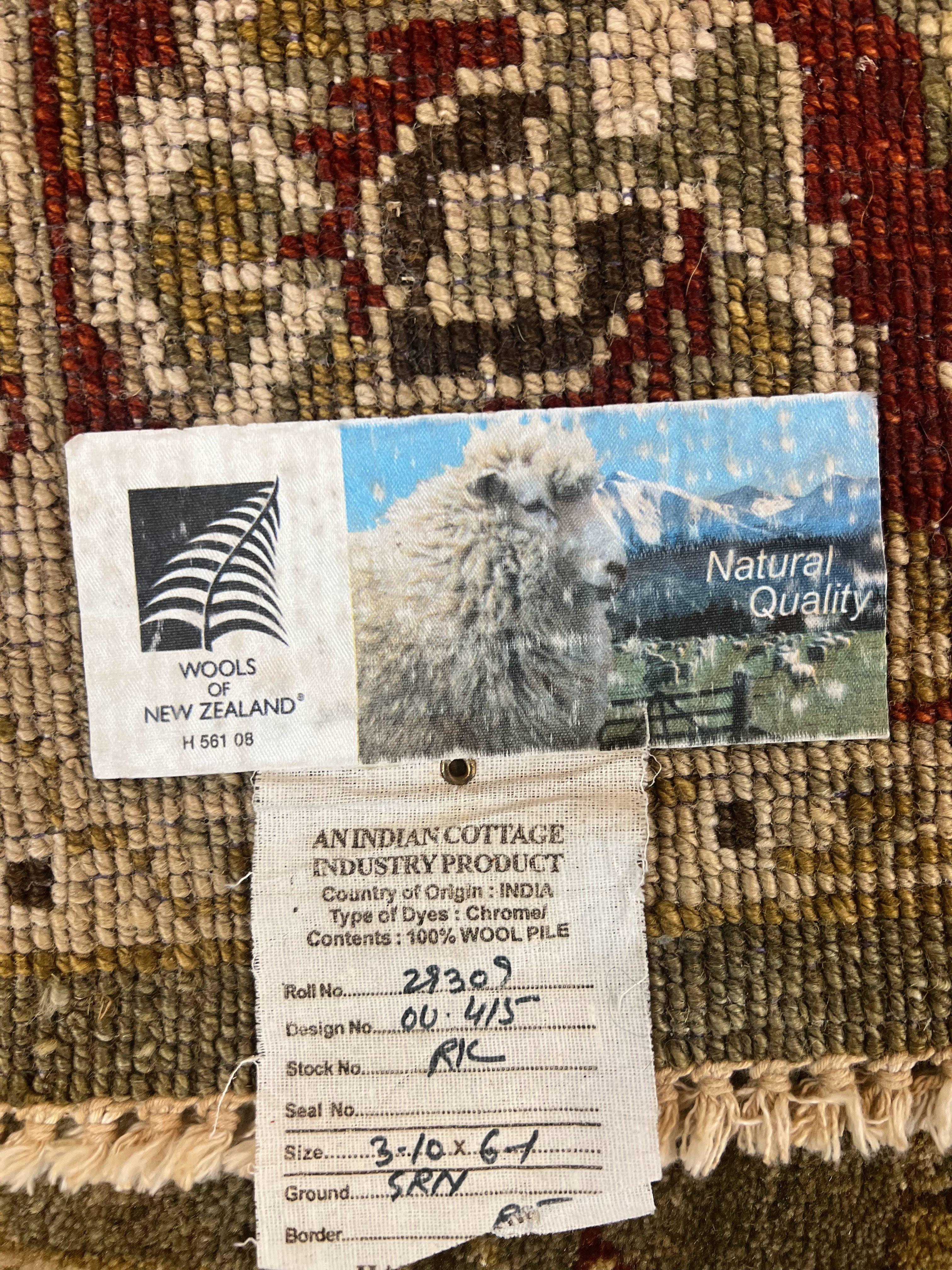 Indo Oushak Rug 4x6, Green and Maroon, Vintage Wool Floral Rug, Indian Agra Rug - Jewel Rugs