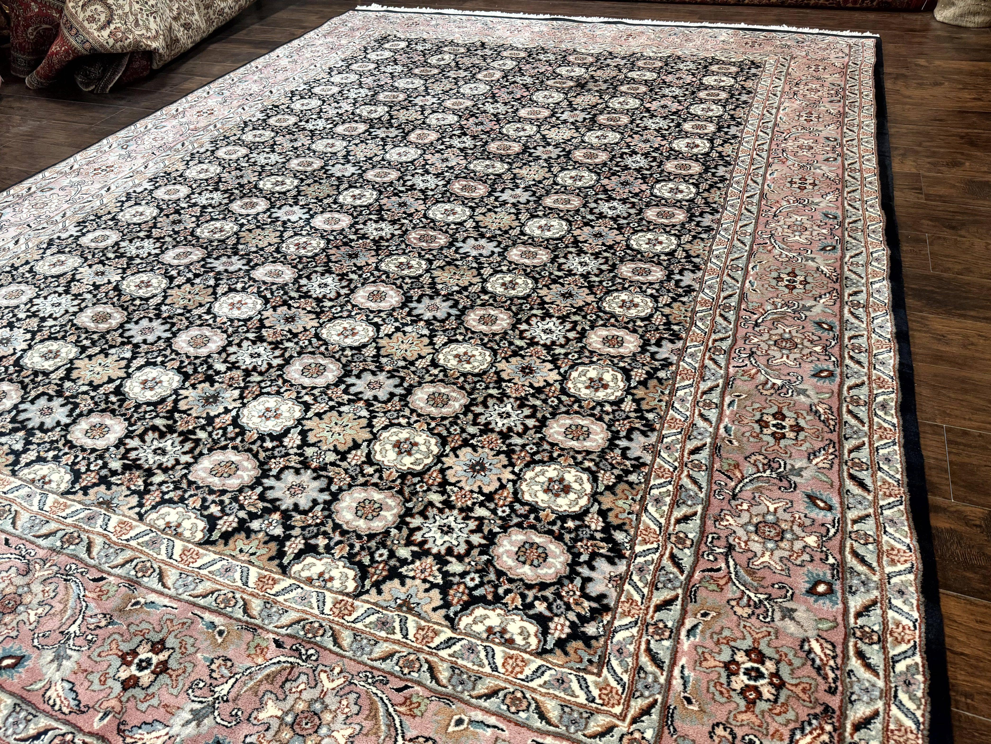 Indo Persian Rug 9x12, Vintage Handmade Wool Carpet, Repeated Allover Motif, Navy Blue and Pink - Jewel Rugs