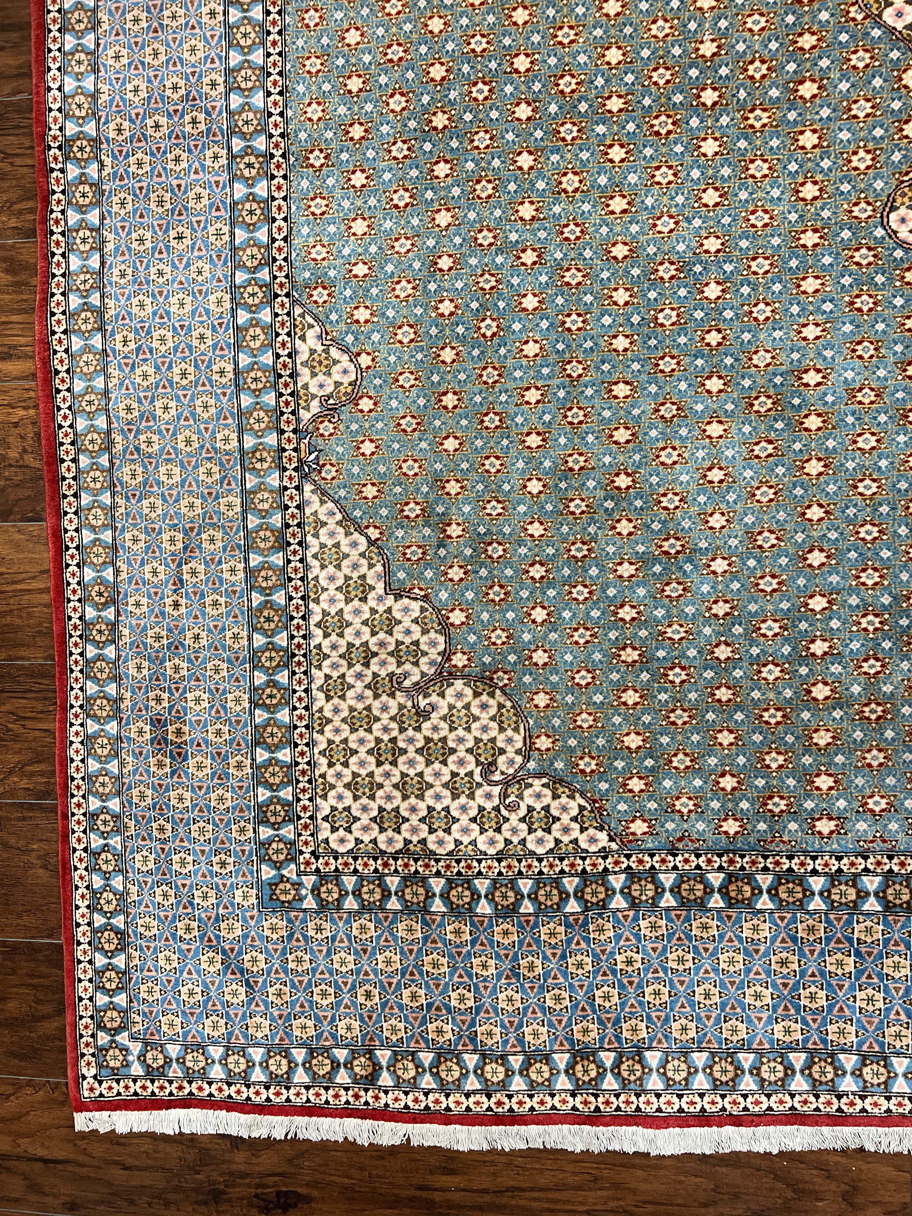 Rare Persian Rug 8x12, Qum Rug, Repeated Star Motifs, Blue and Ivory, Fine 300 KPSI, Hand Knotted Handmade Vintage Wool Rug - Jewel Rugs