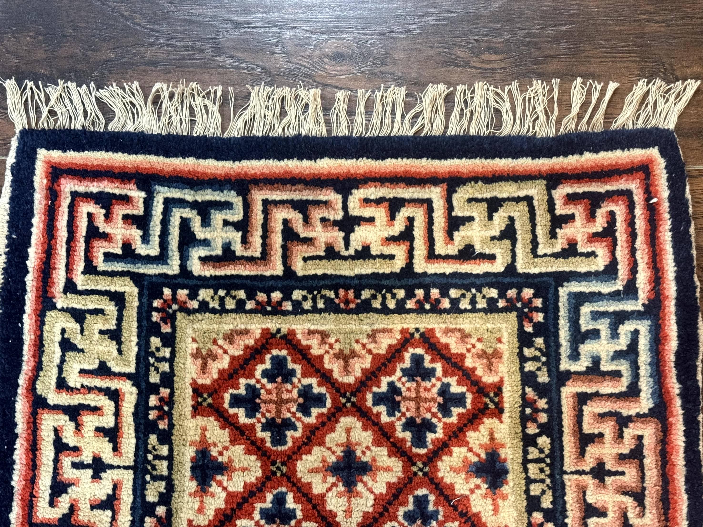 Small Antique Chinese Rug 2x2, Red Blue Square Rug Mat, Handmade, Tibetan Rug - Jewel Rugs